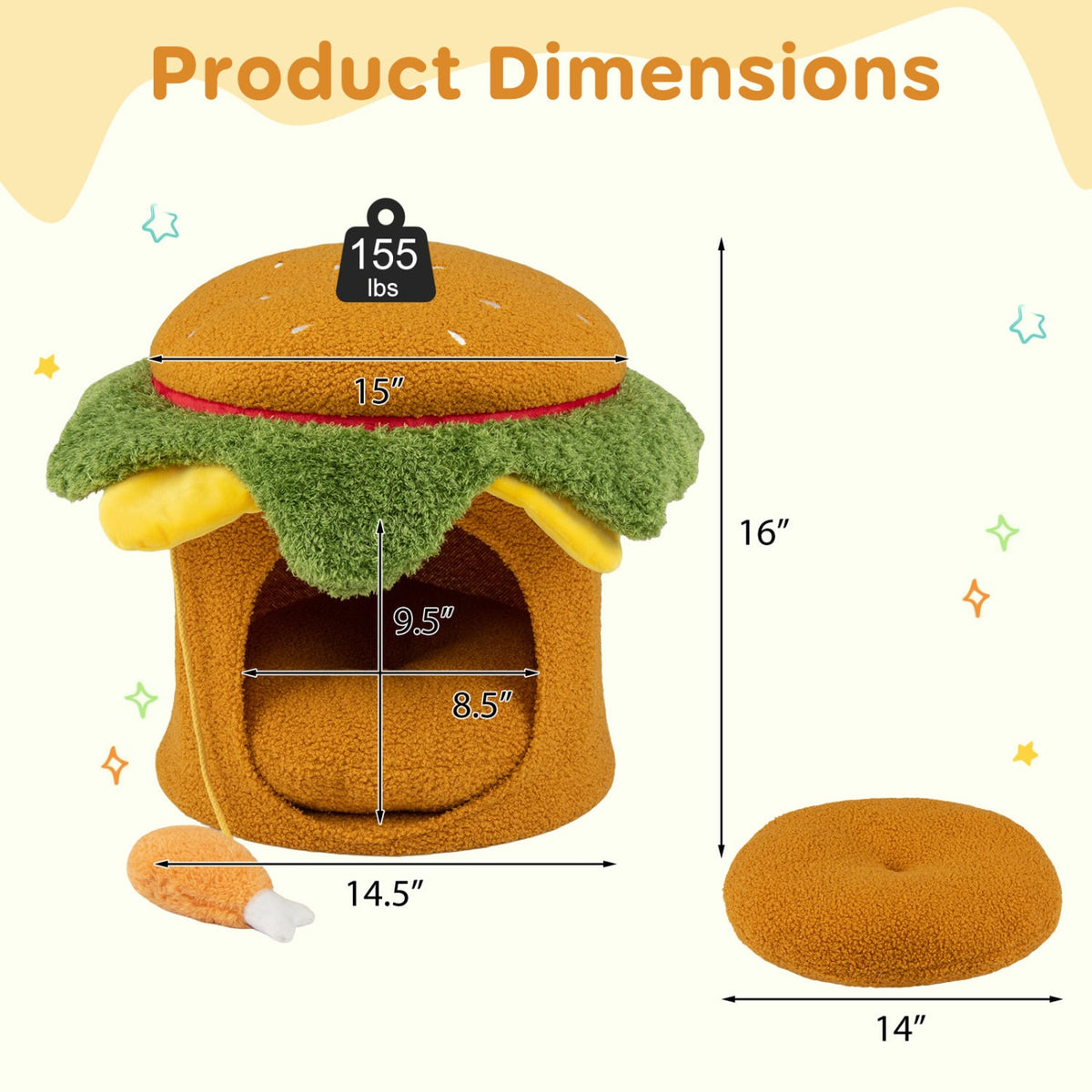 Hamburger Cat Nest with Chicken Drumstick Toy and Removable Cushion for Indoor Cats-Yellow-Cat Houses-DECOROLALA