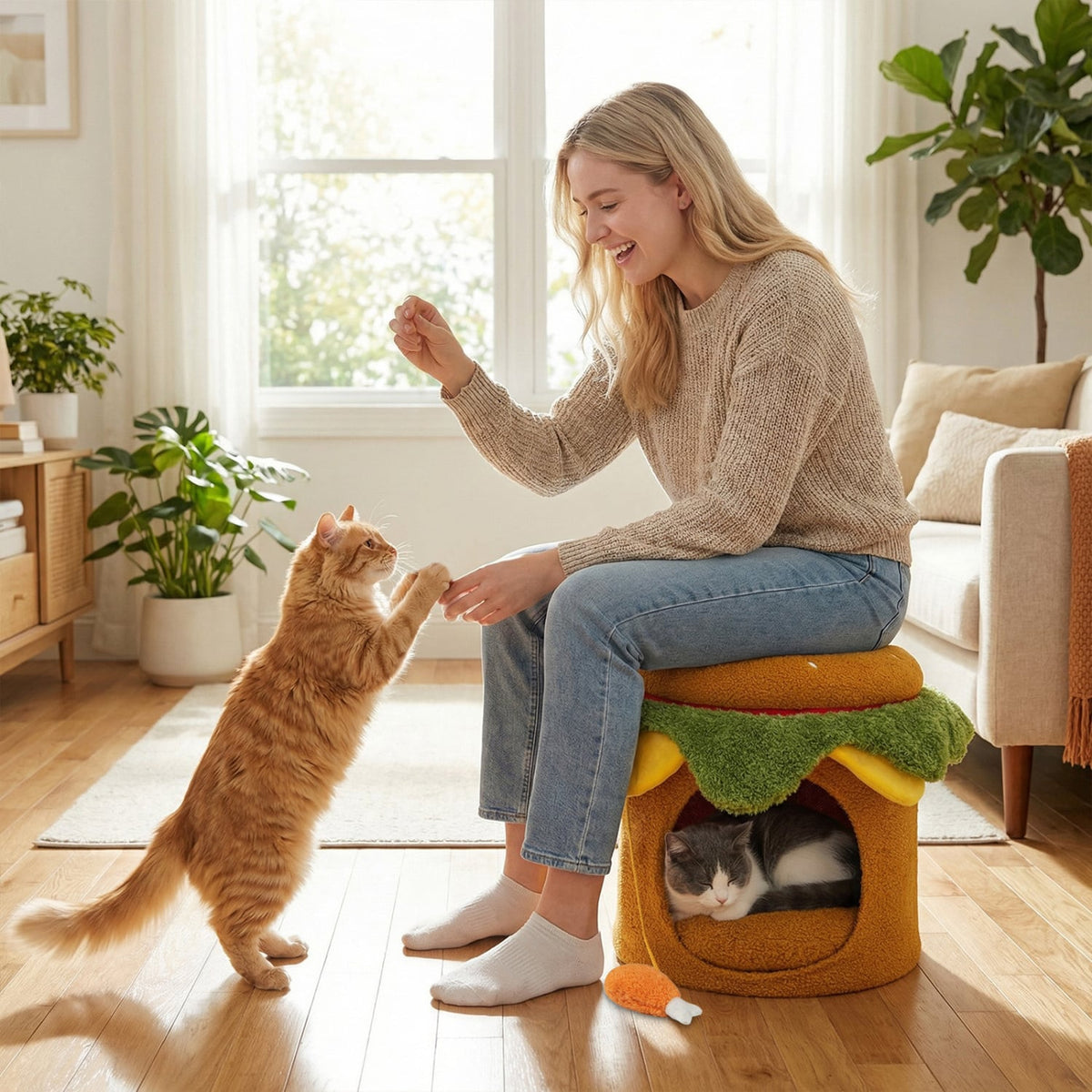 Hamburger Cat Nest with Chicken Drumstick Toy and Removable Cushion for Indoor Cats-Yellow-Cat Houses-DECOROLALA