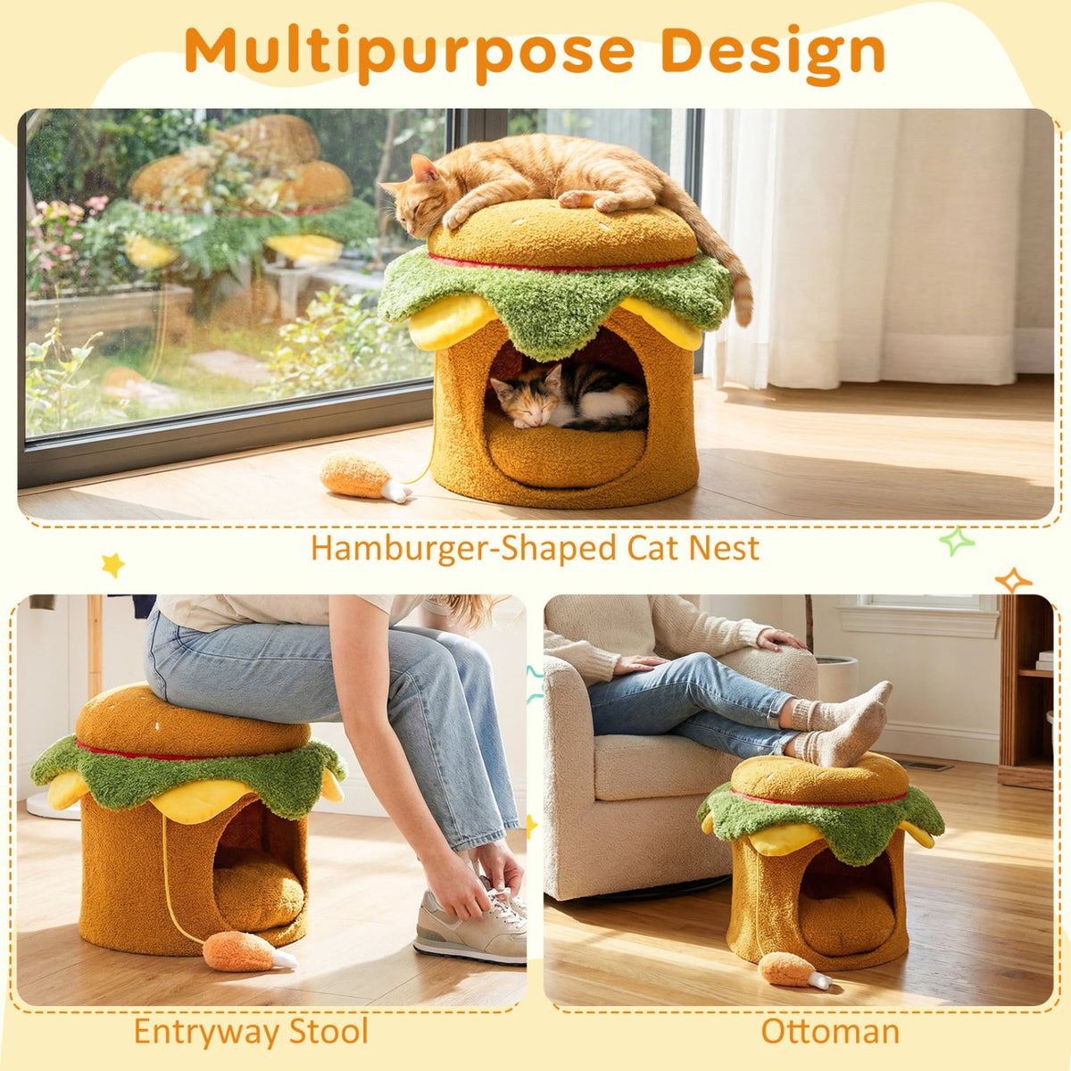 Hamburger Cat Nest with Chicken Drumstick Toy and Removable Cushion for Indoor Cats-Yellow-Cat Houses-DECOROLALA