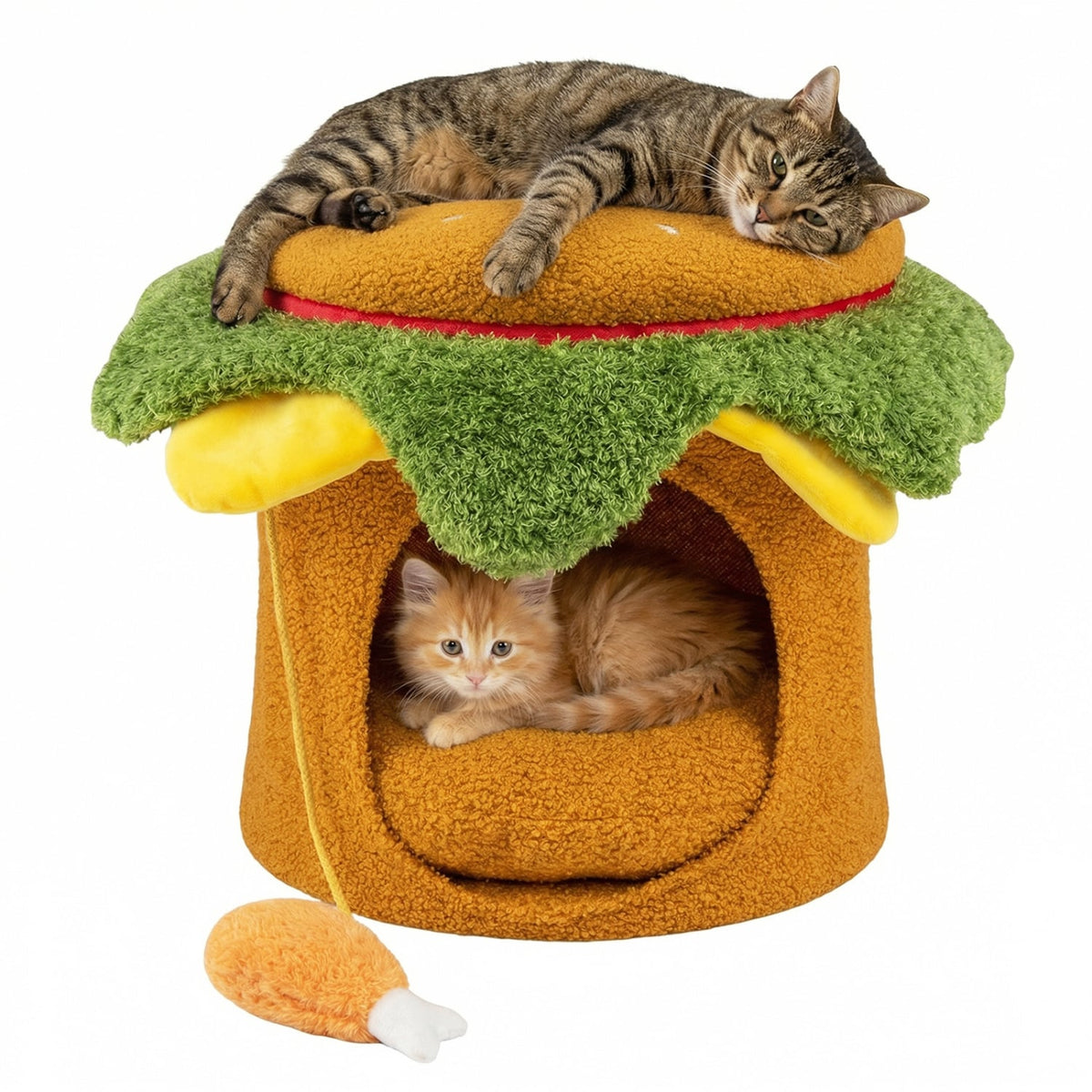 Hamburger Cat Nest with Chicken Drumstick Toy and Removable Cushion for Indoor Cats-Yellow-Cat Houses-DECOROLALA
