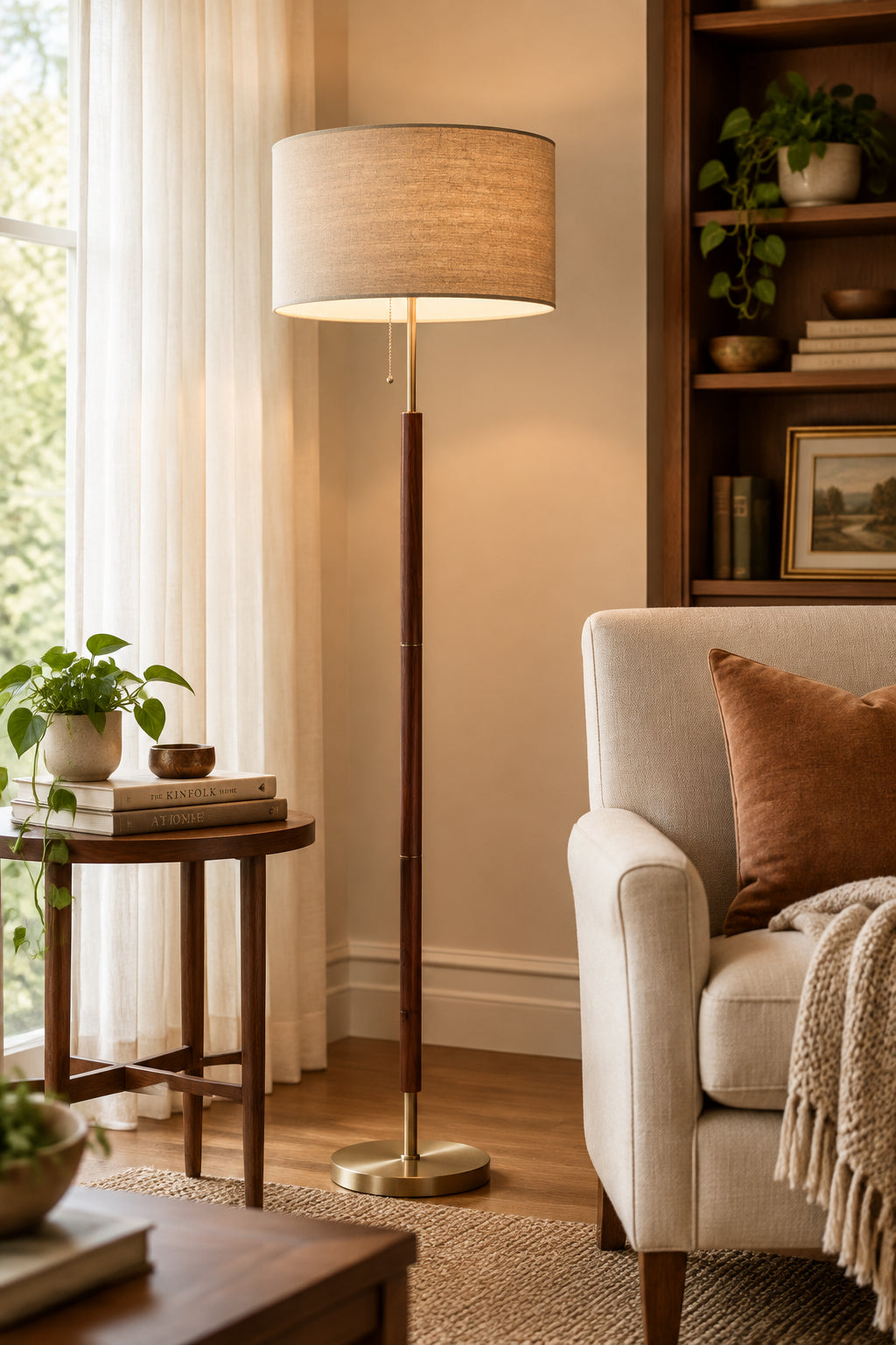 Hamilton Floor Lamp - Walnut Wood Antique Brass-Lighting-DECOROLALA