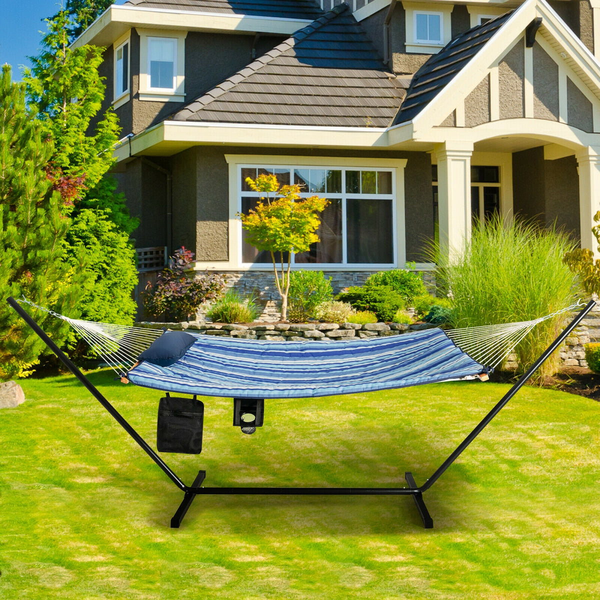 Hammock Chair Stand Set Cotton Swing with Pillow Cup Holder Indoor Outdoor-Hammocks-DECOROLALA