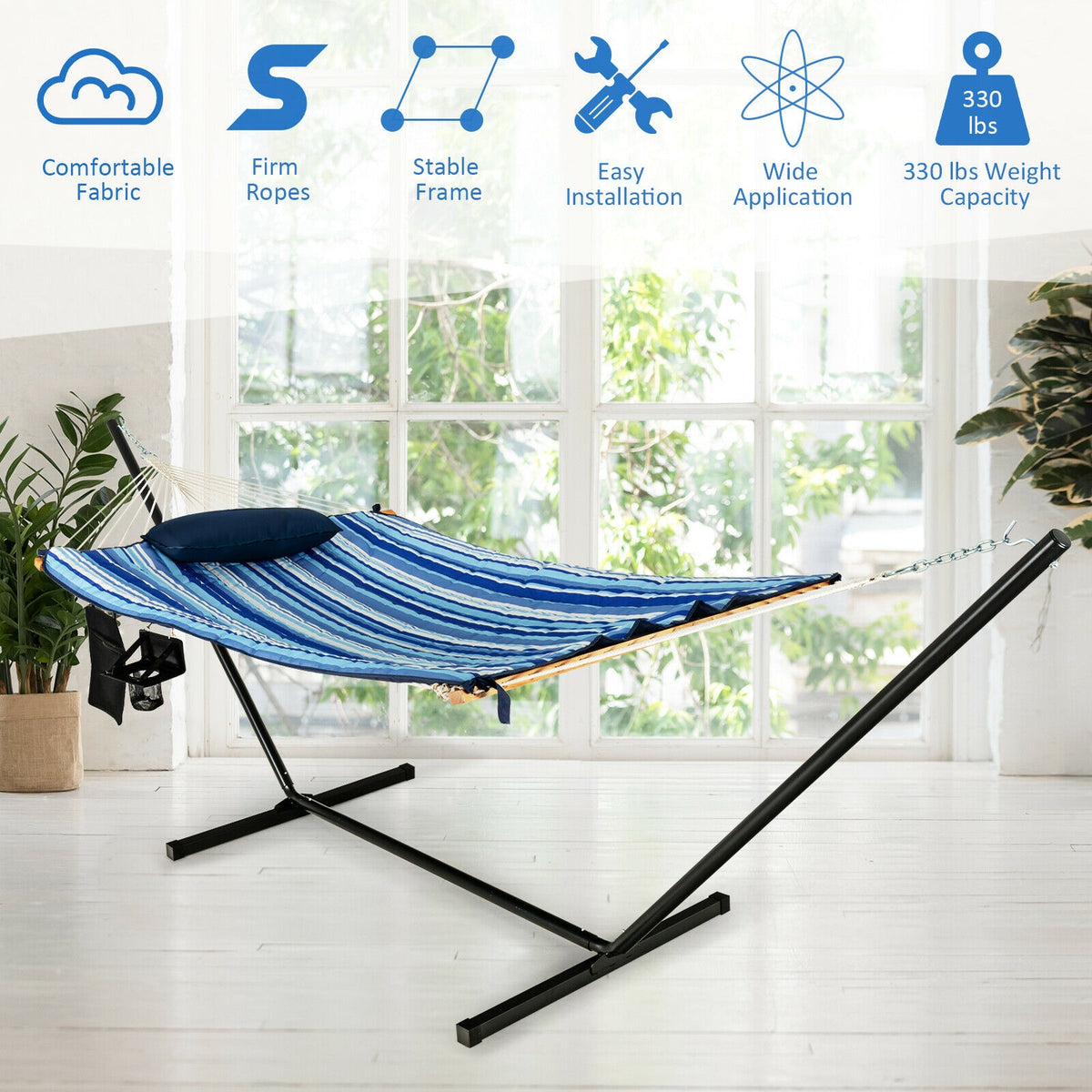 Hammock Chair Stand Set Cotton Swing with Pillow Cup Holder Indoor Outdoor-Hammocks-DECOROLALA