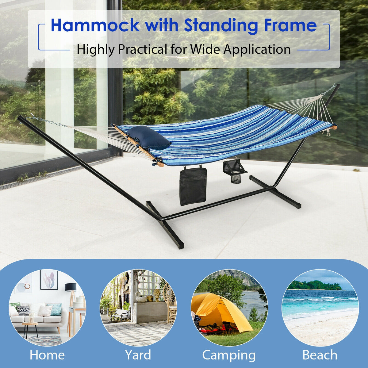 Hammock Chair Stand Set Cotton Swing with Pillow Cup Holder Indoor Outdoor-Hammocks-DECOROLALA