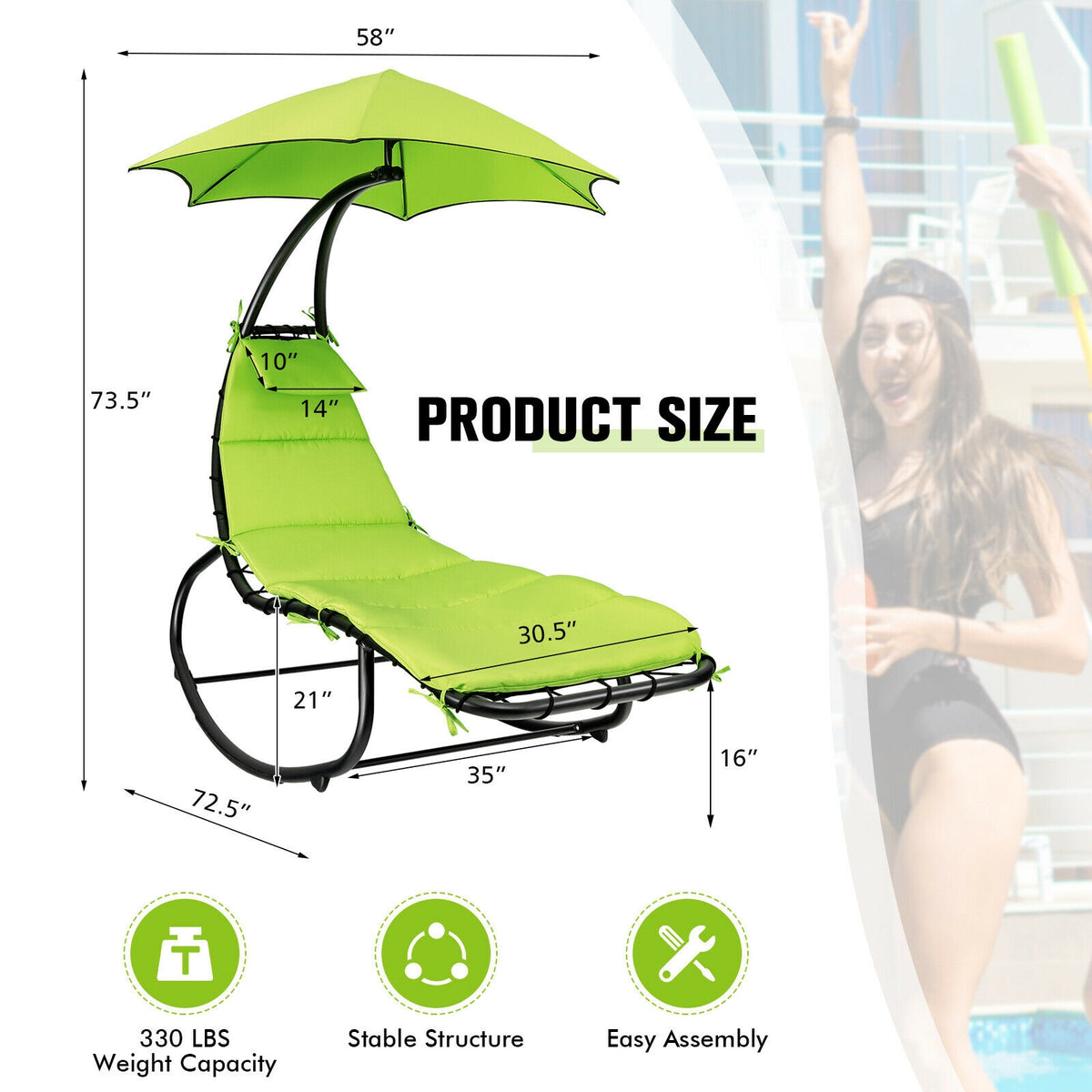 Hammock Swing Lounger Chair with Shade Canopy-Green-Outdoor Chaise Lounges-DECOROLALA