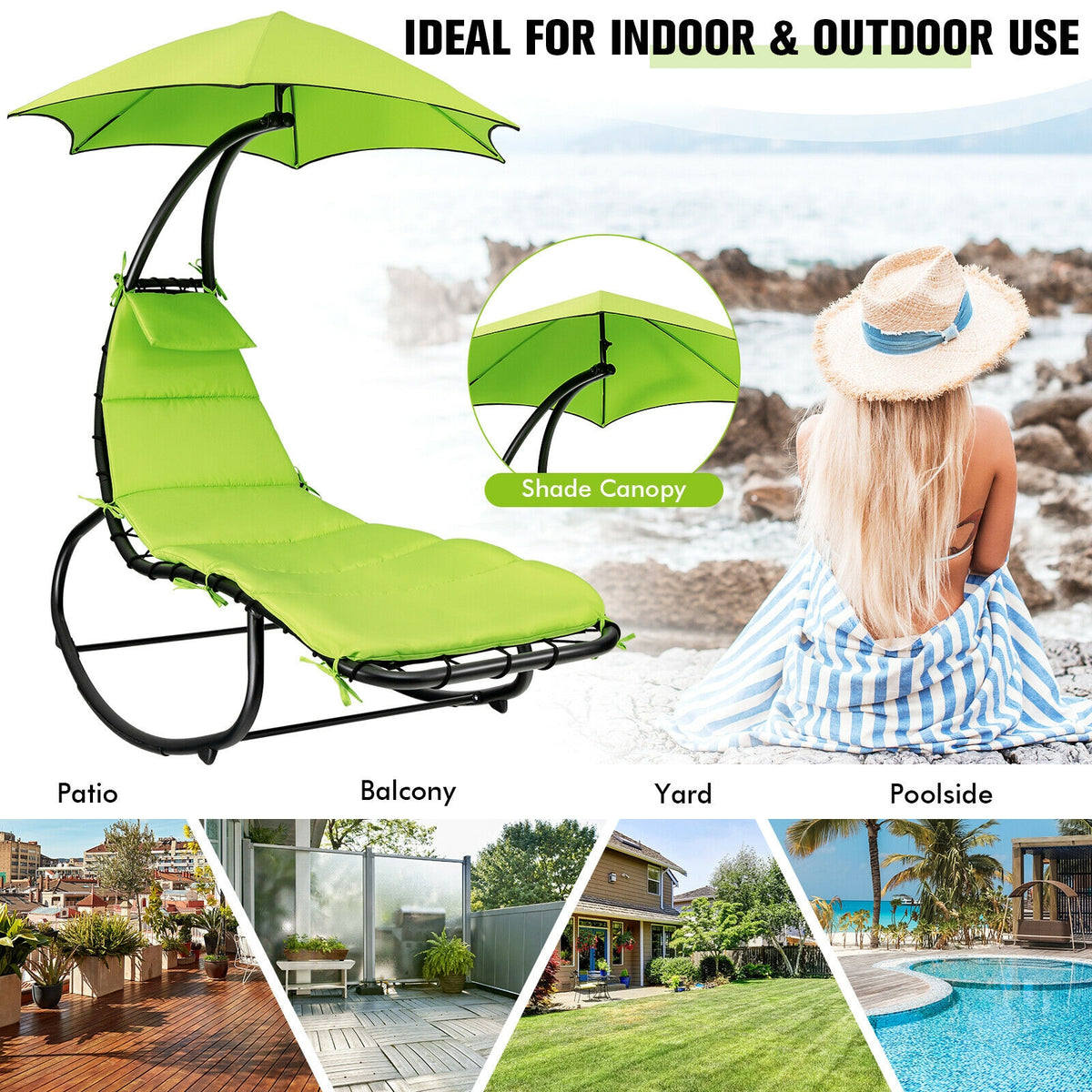 Hammock Swing Lounger Chair with Shade Canopy-Green-Outdoor Chaise Lounges-DECOROLALA