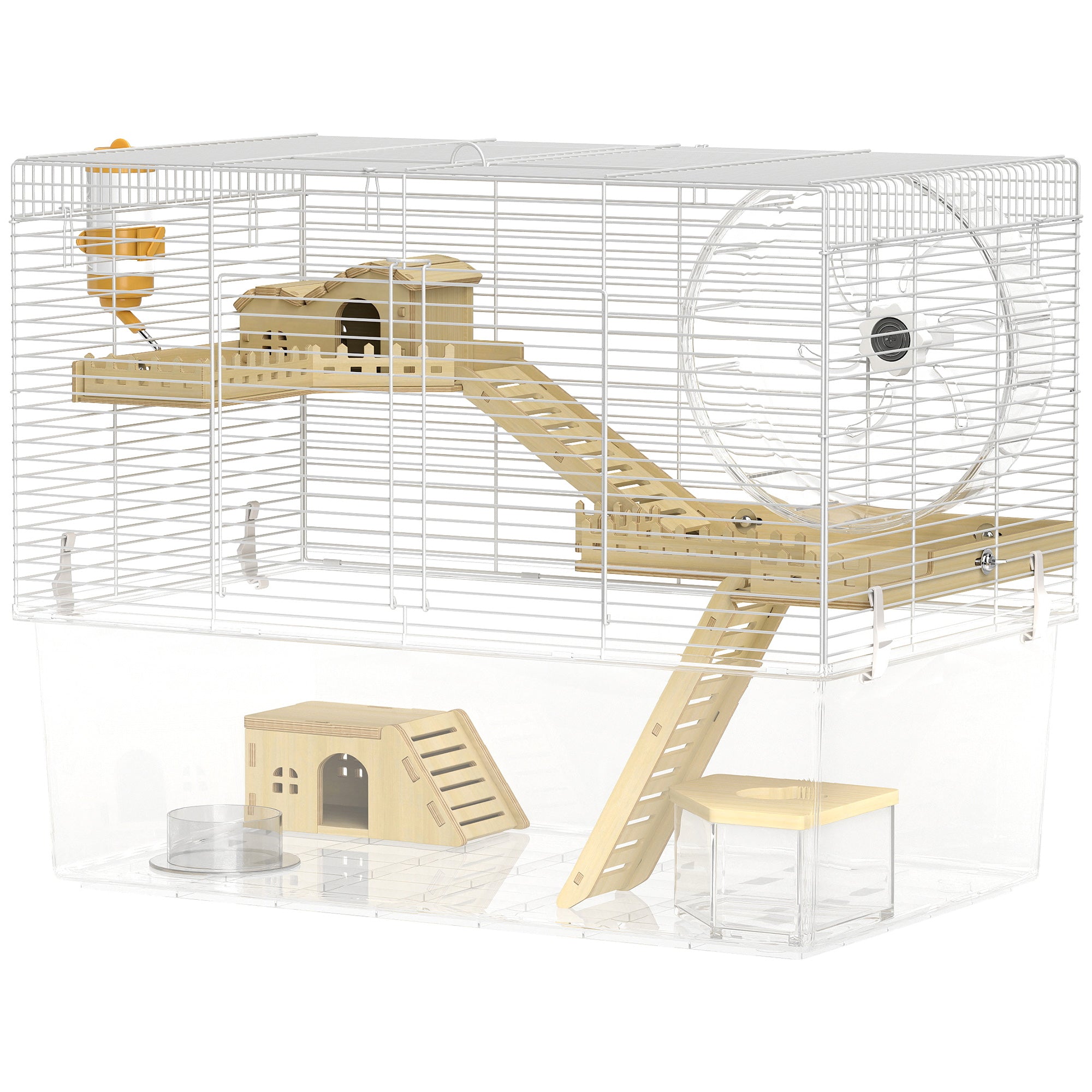 Hamster Cage with Deep Bottom, Wooden Ramp, Hut, Bathroom and Exercise Wheel for Hamster and Gerbil, White-Small Animals-DECOROLALA