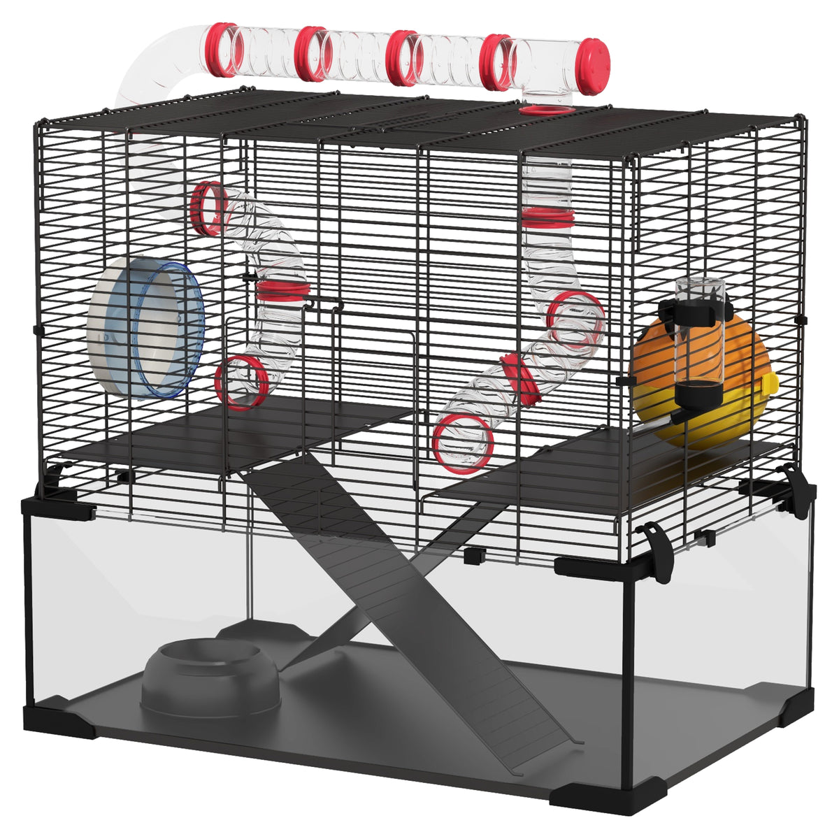 Hamster Cage with Glass Bottom and Tunnel System - Black 24"-Small Animals-DECOROLALA