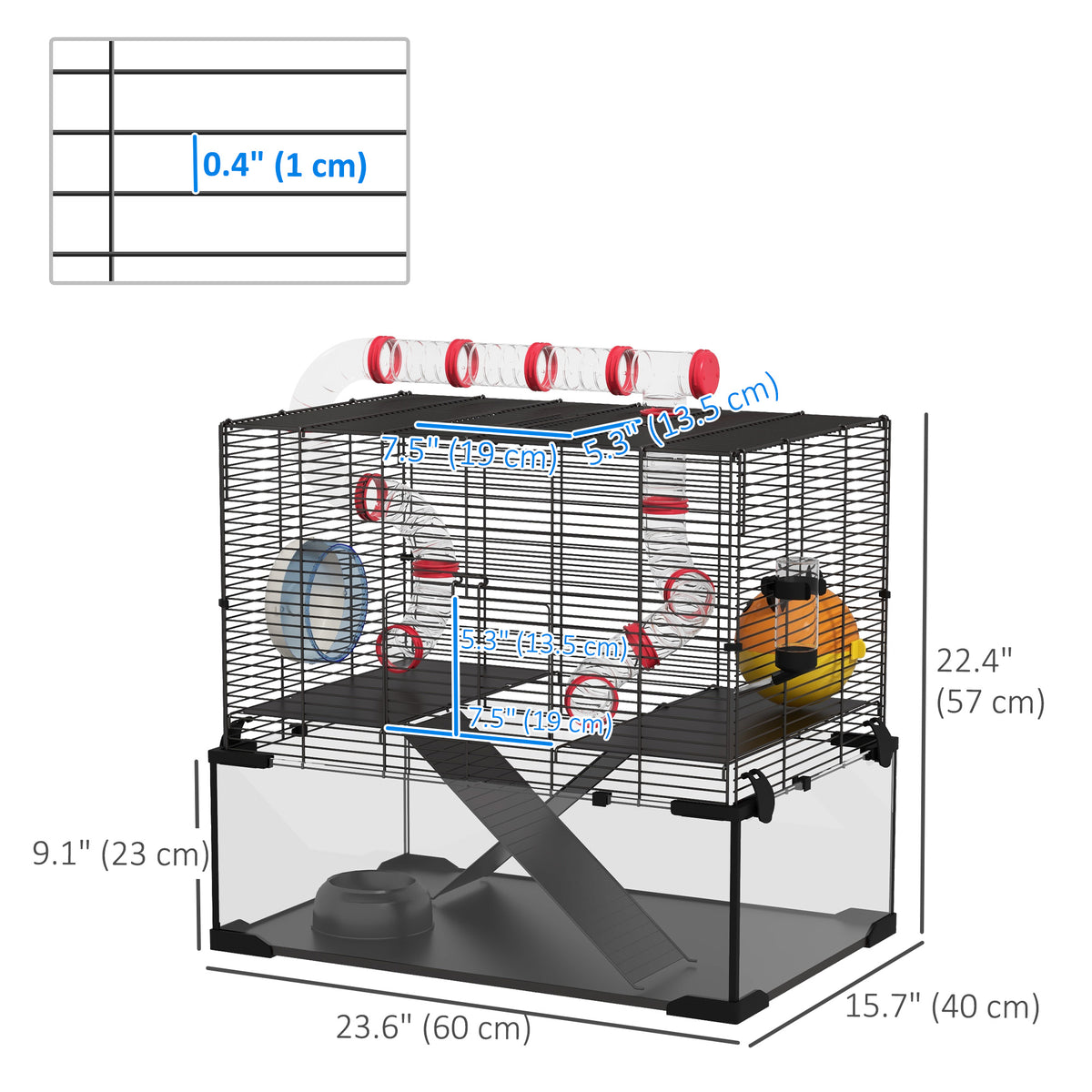 Hamster Cage with Glass Bottom and Tunnel System - Black 24"-Small Animals-DECOROLALA