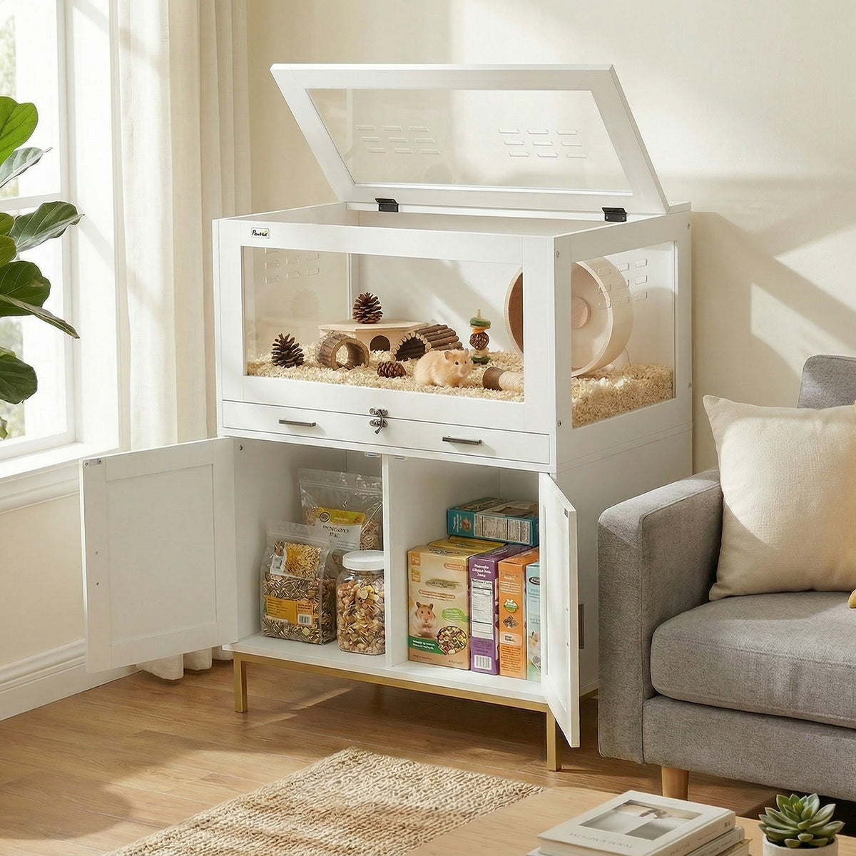 Hamster Cage with Storage Cabinet - White/Gold 30" x 19.5" x 36"-Small Animals-DECOROLALA