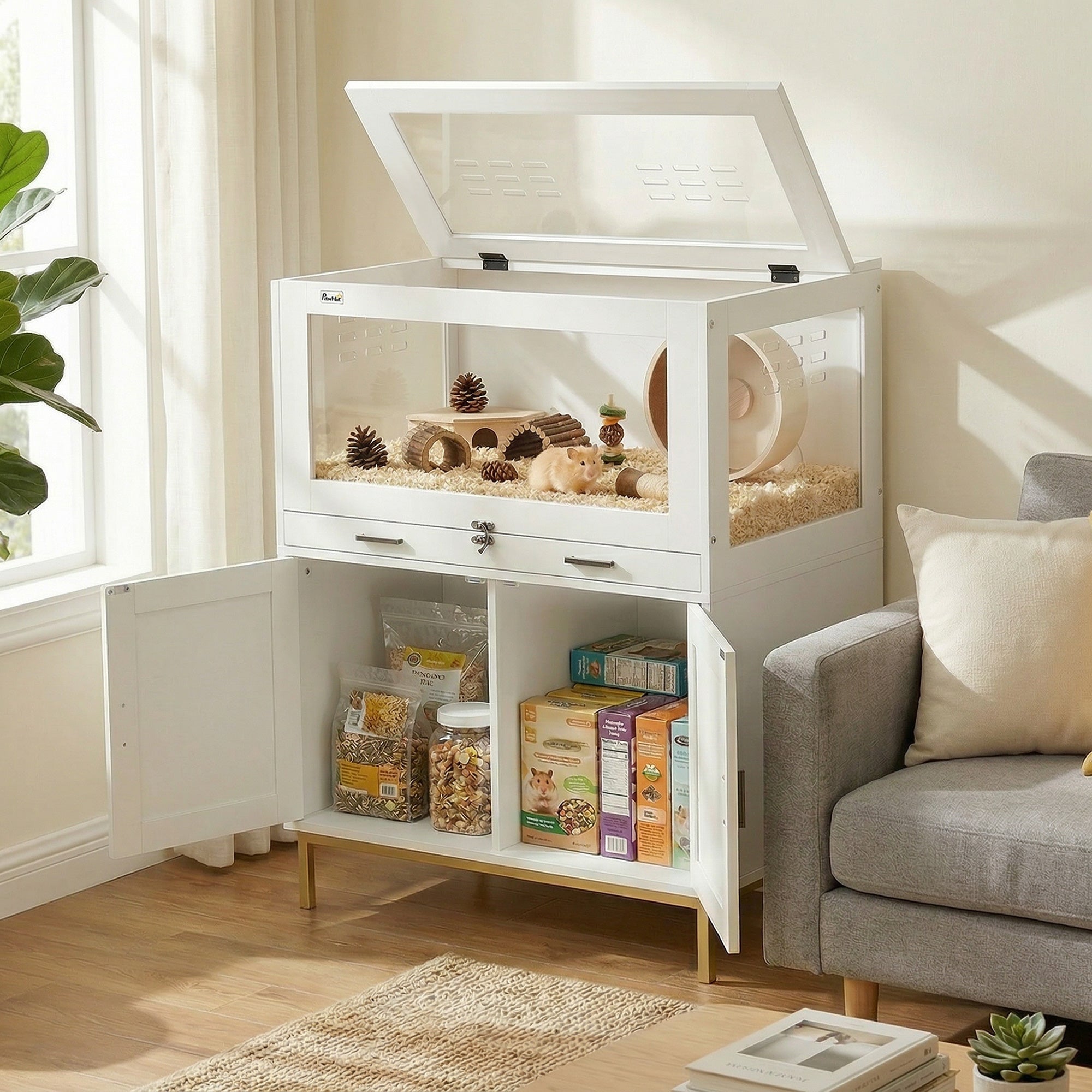 Hamster Cage with Storage Cabinet - White/Gold 30" x 19.5" x 36"-Small Animals-DECOROLALA