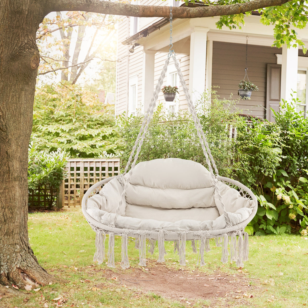 Hand-Woven Rope Hanging Chair with Thick Cushion and Folding Metal Frame-Beige-Hammocks-DECOROLALA