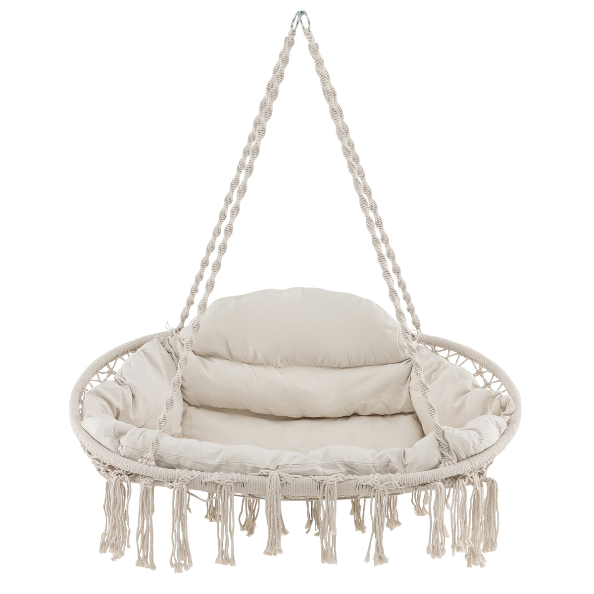 Hand-Woven Rope Hanging Chair with Thick Cushion and Folding Metal Frame-Beige-Hammocks-DECOROLALA