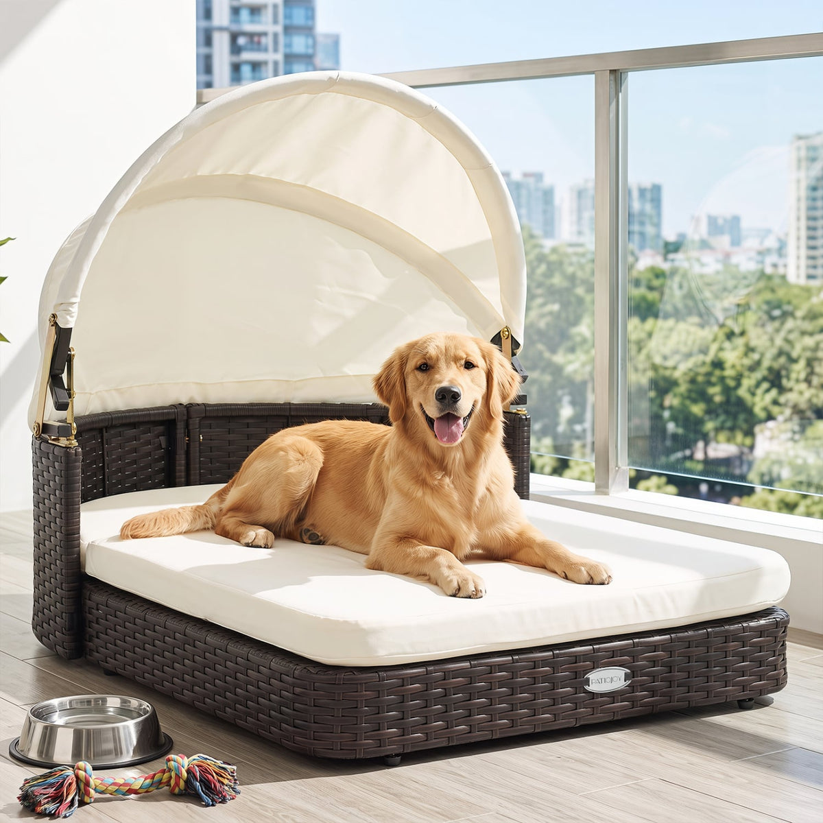 Handwoven Rattan Pet Daybed with 2 Detachable Soft Cushions for Small and Medium Dogs-White-Dog Supplies-DECOROLALA
