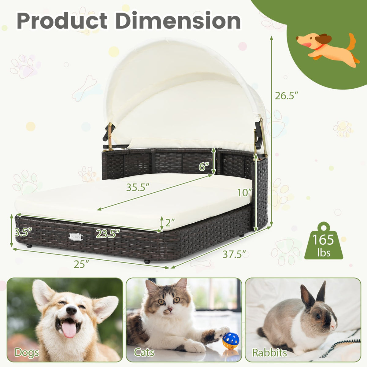 Handwoven Rattan Pet Daybed with 2 Detachable Soft Cushions for Small and Medium Dogs-White-Dog Supplies-DECOROLALA