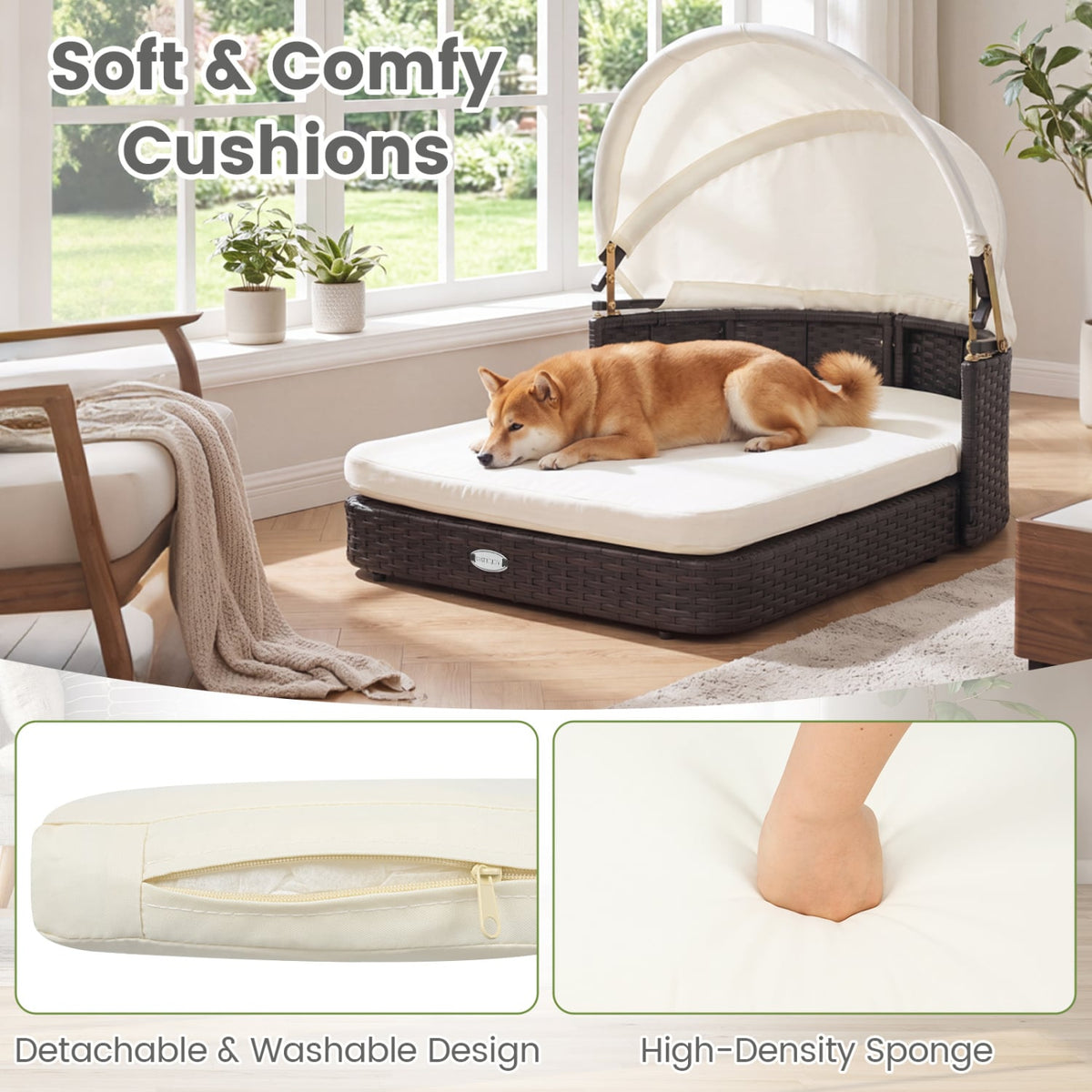 Handwoven Rattan Pet Daybed with 2 Detachable Soft Cushions for Small and Medium Dogs-White-Dog Supplies-DECOROLALA