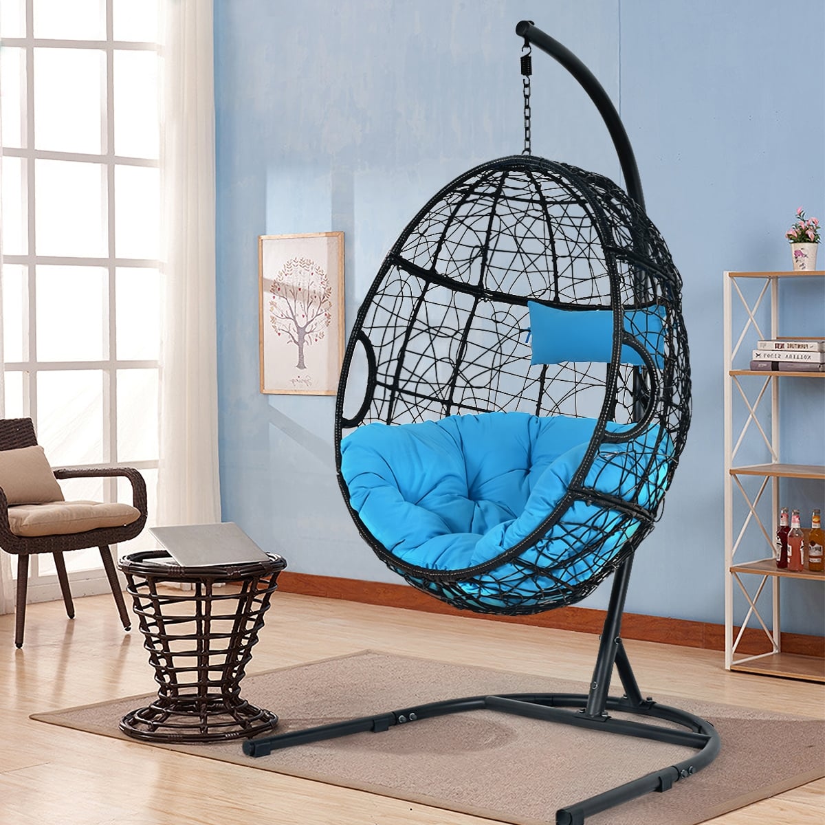 Hanging Cushioned Hammock Chair with Stand-Blue-Hammocks-DECOROLALA