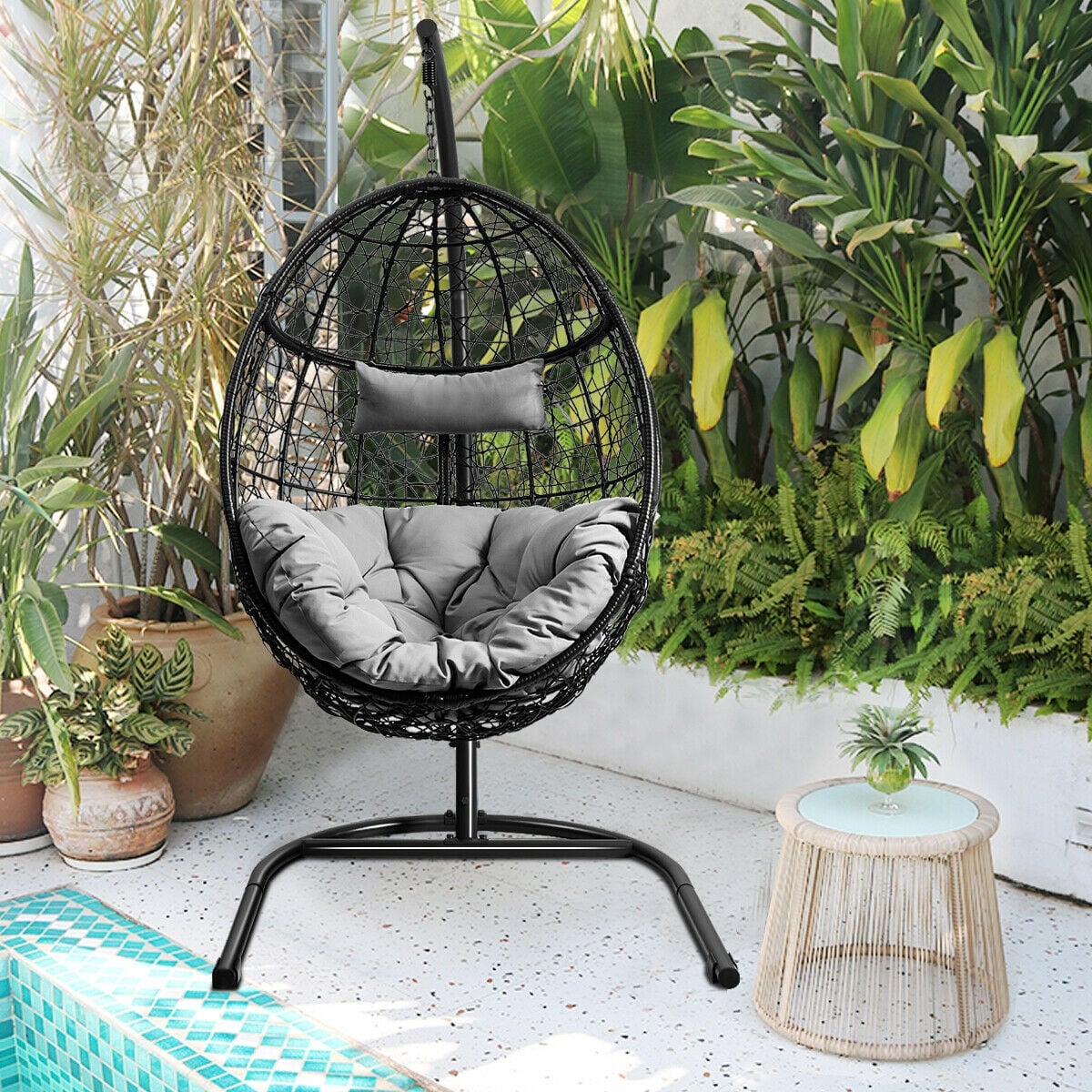 Hanging Cushioned Hammock Chair with Stand -Gray-Hammocks-DECOROLALA