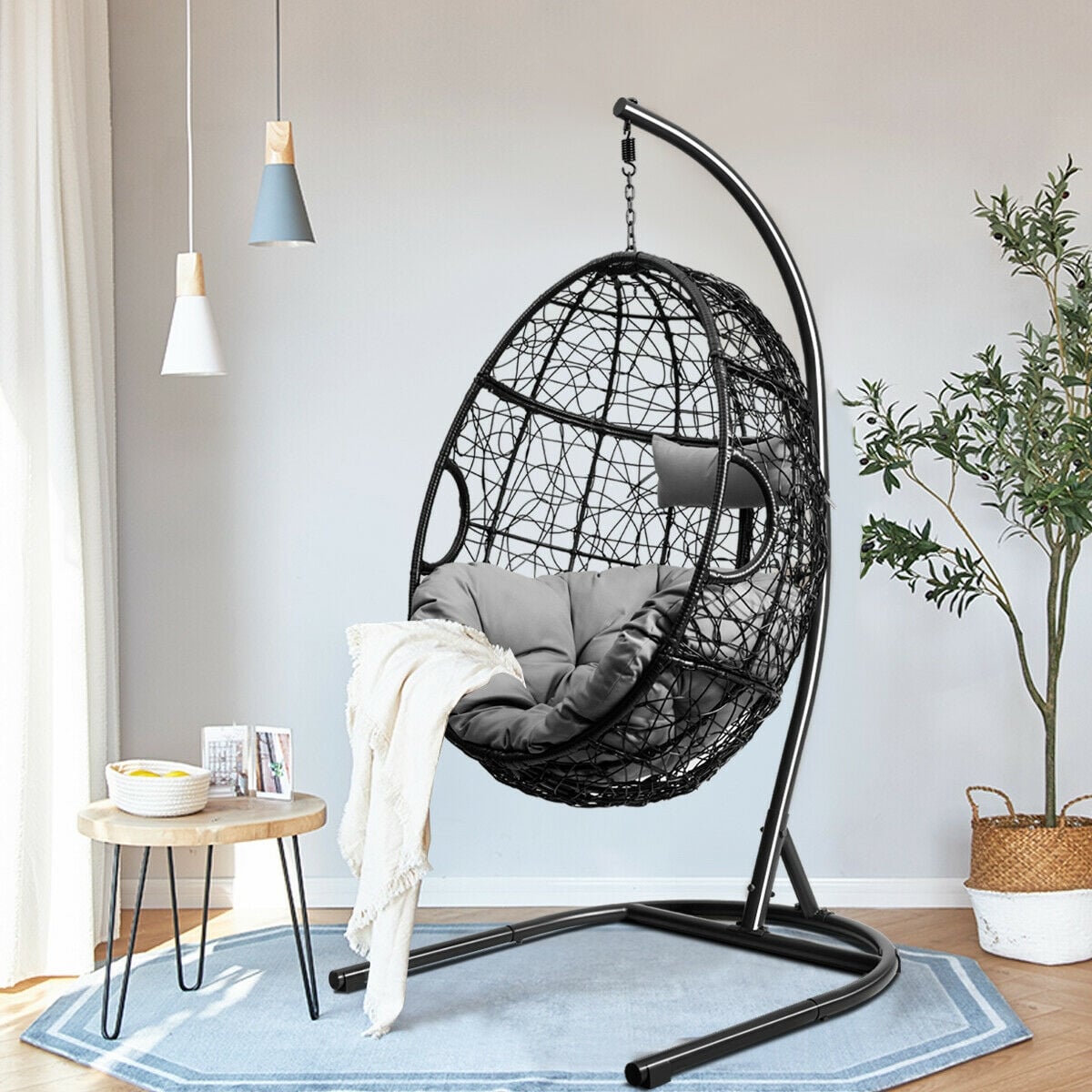 Hanging Cushioned Hammock Chair with Stand -Gray-Hammocks-DECOROLALA