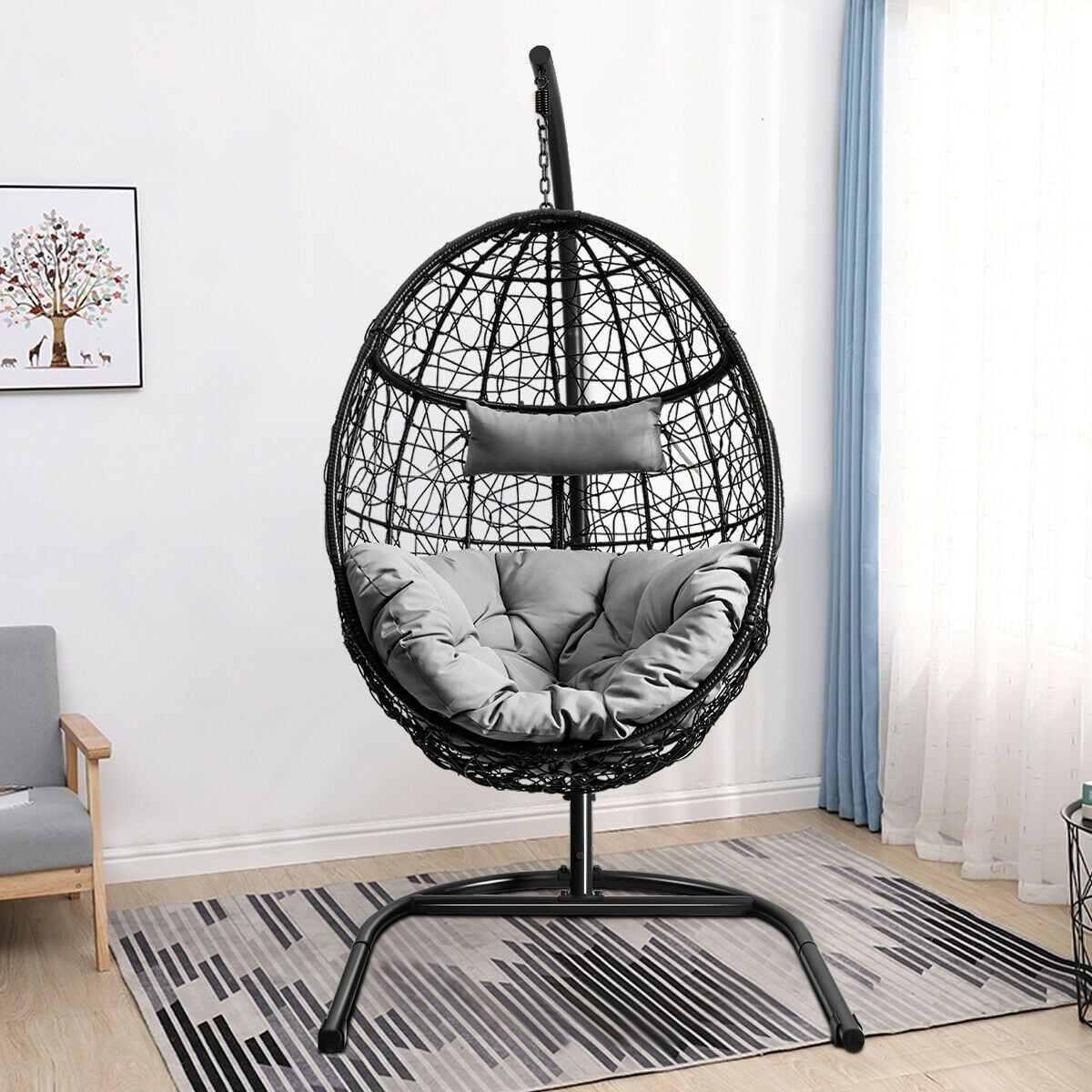 Hanging Cushioned Hammock Chair with Stand -Gray-Hammocks-DECOROLALA