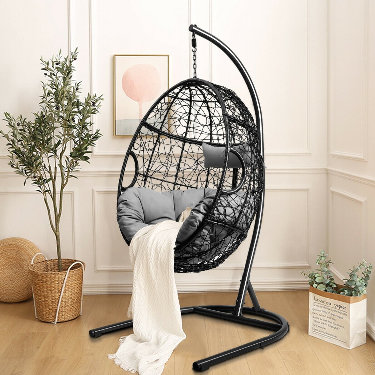 Hanging Cushioned Hammock Chair with Stand -Gray-Hammocks-DECOROLALA