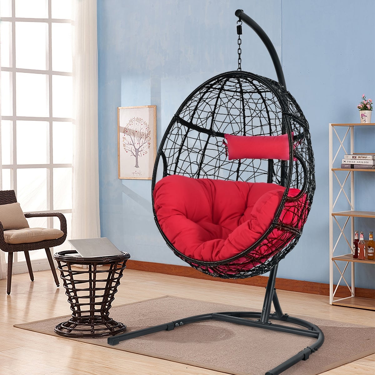 Hanging Cushioned Hammock Chair with Stand-Red-Hammocks-DECOROLALA
