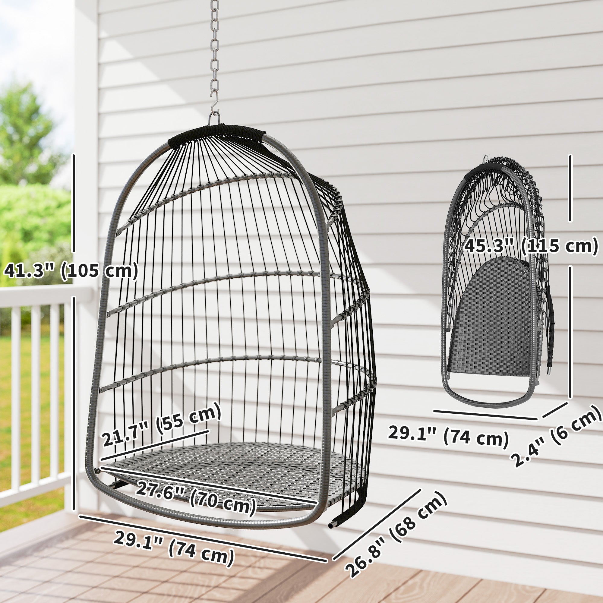 Hanging Egg Chair, Foldable Rattan Garden Swing - Dark Grey-DECOROLALA