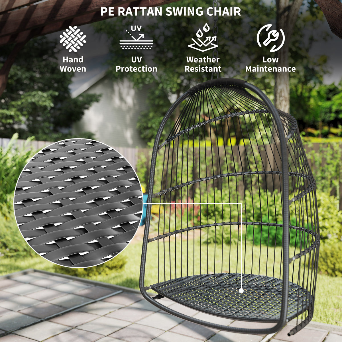 Hanging Egg Chair, Foldable Rattan Garden Swing - Dark Grey-Hammock Swings-DECOROLALA