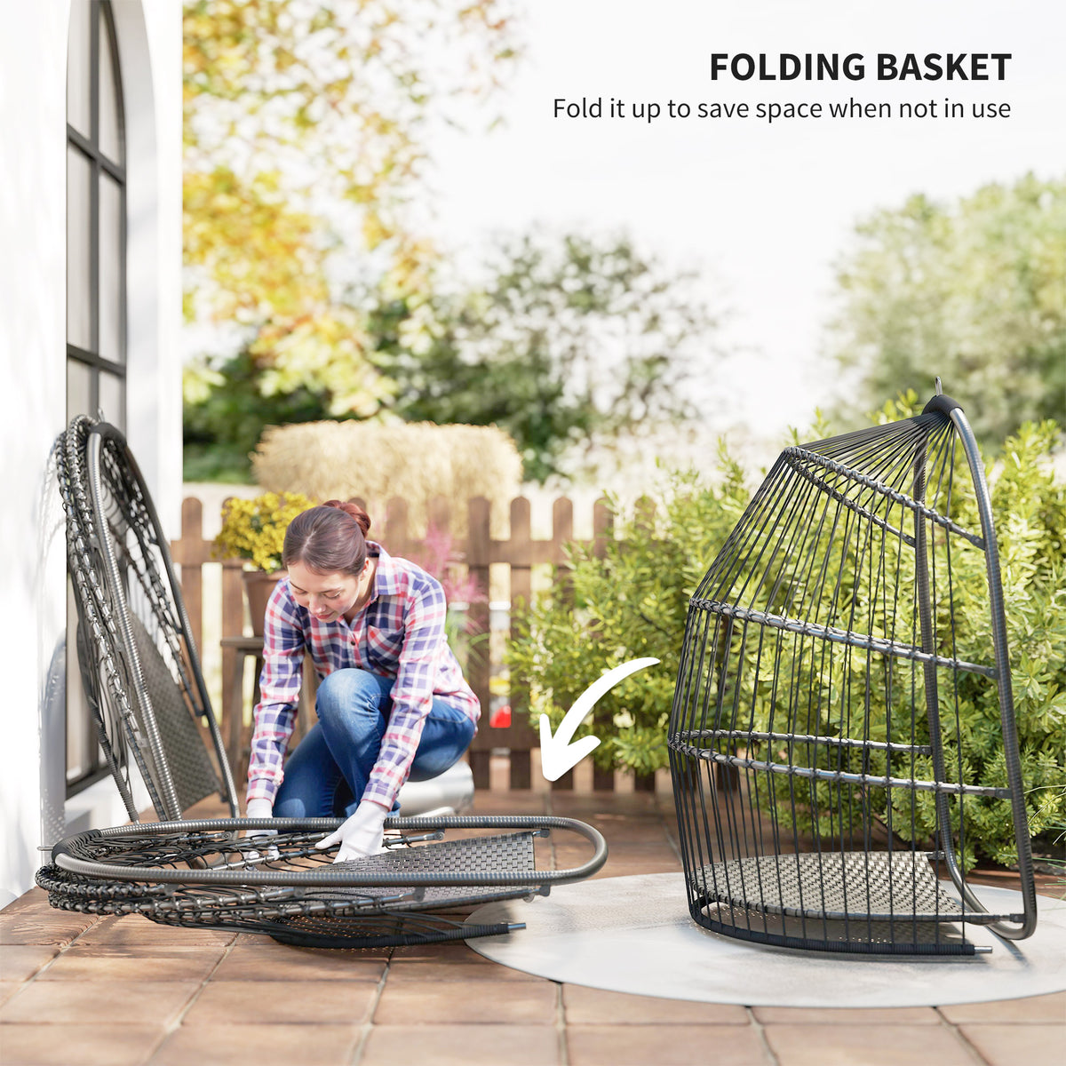 Hanging Egg Chair, Foldable Rattan Garden Swing - Dark Grey-Hammock Swings-DECOROLALA