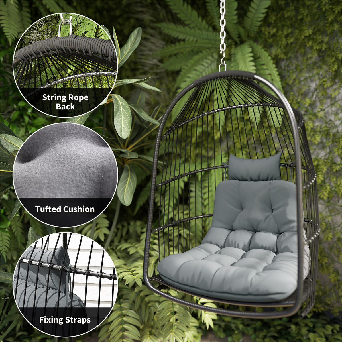 Hanging Egg Chair, Foldable Rattan Garden Swing - Dark Grey-Hammock Swings-DECOROLALA