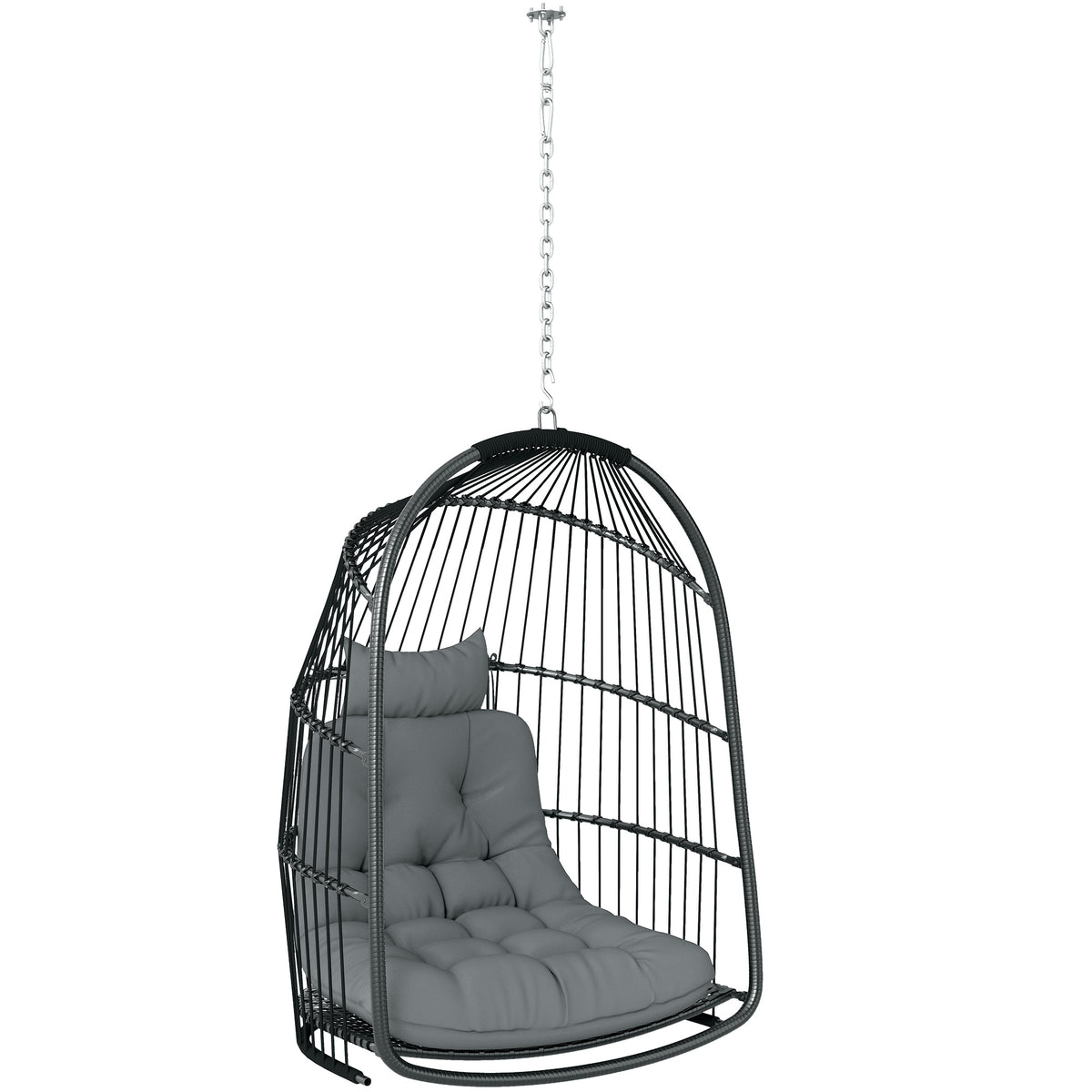 Hanging Egg Chair, Foldable Rattan Garden Swing - Dark Grey-Hammock Swings-DECOROLALA