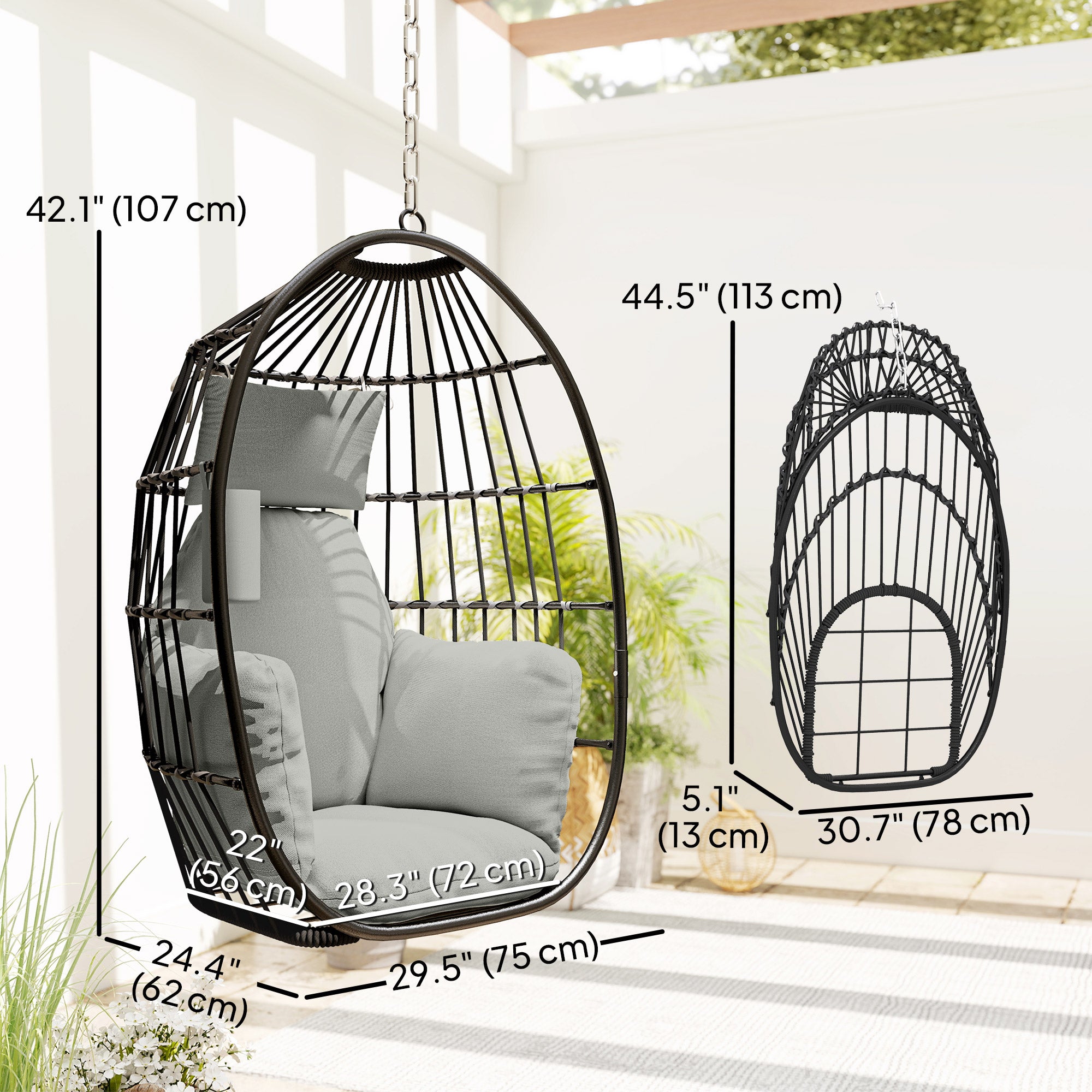 Hanging Egg Chair Foldable Swing Dark Grey Cushion-DECOROLALA