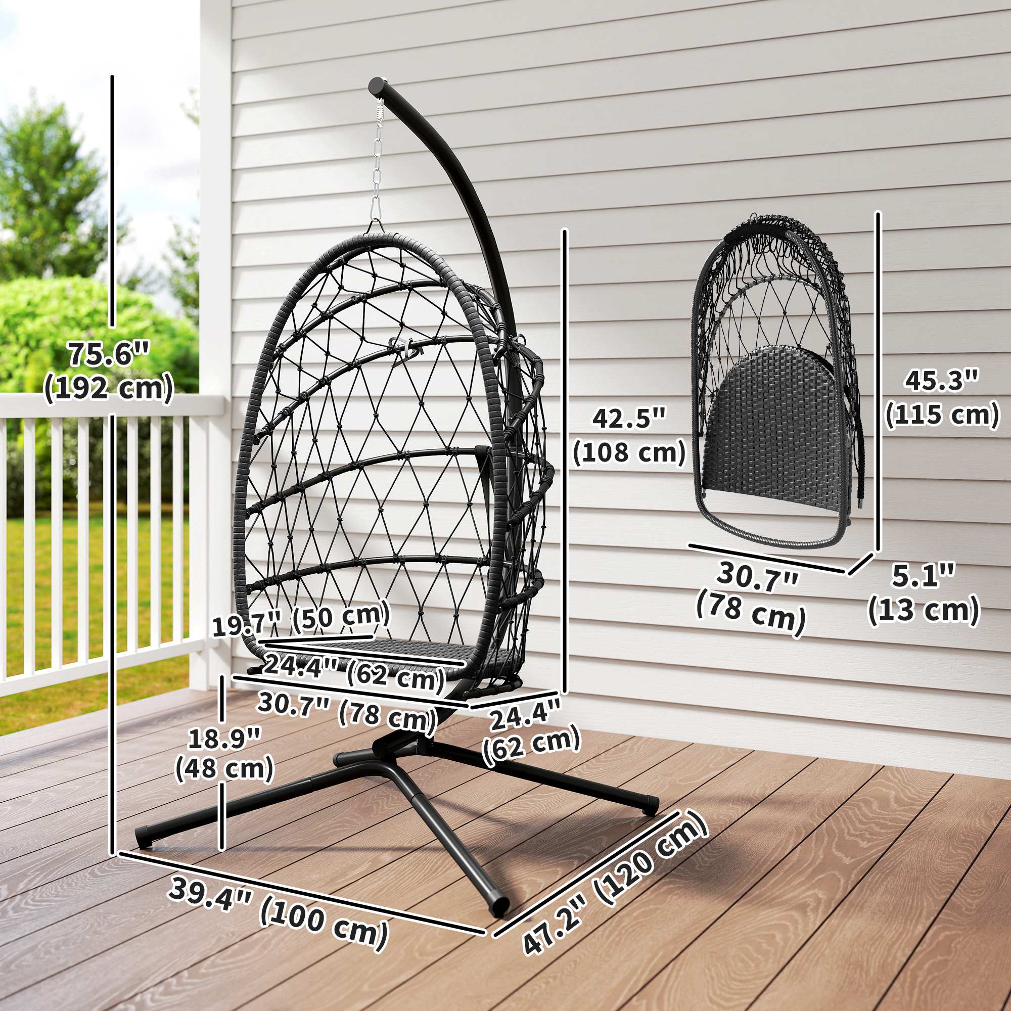 Hanging Egg Chair with Stand - Black Foldable Wicker-DECOROLALA