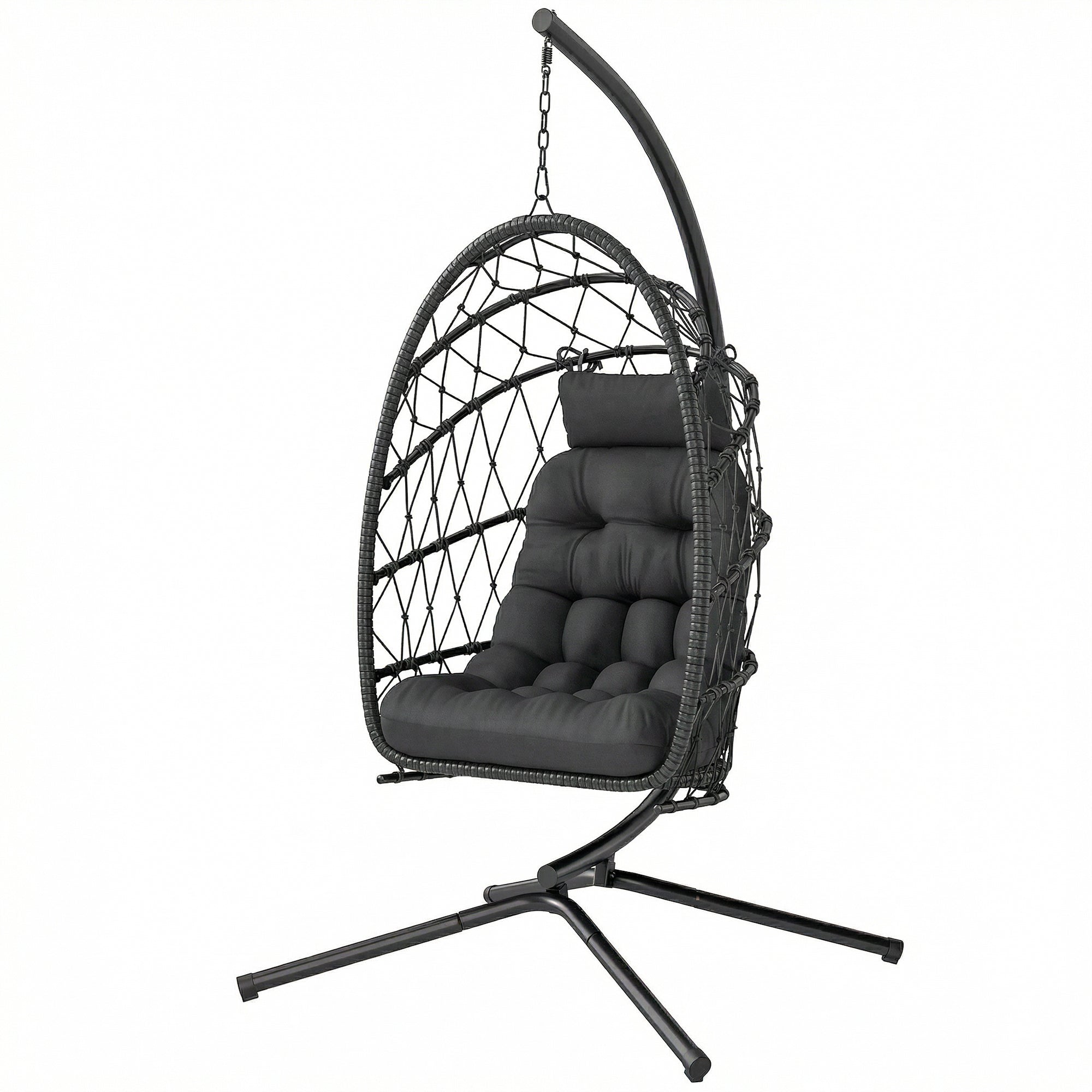 Hanging Egg Chair with Stand - Black Foldable Wicker-DECOROLALA
