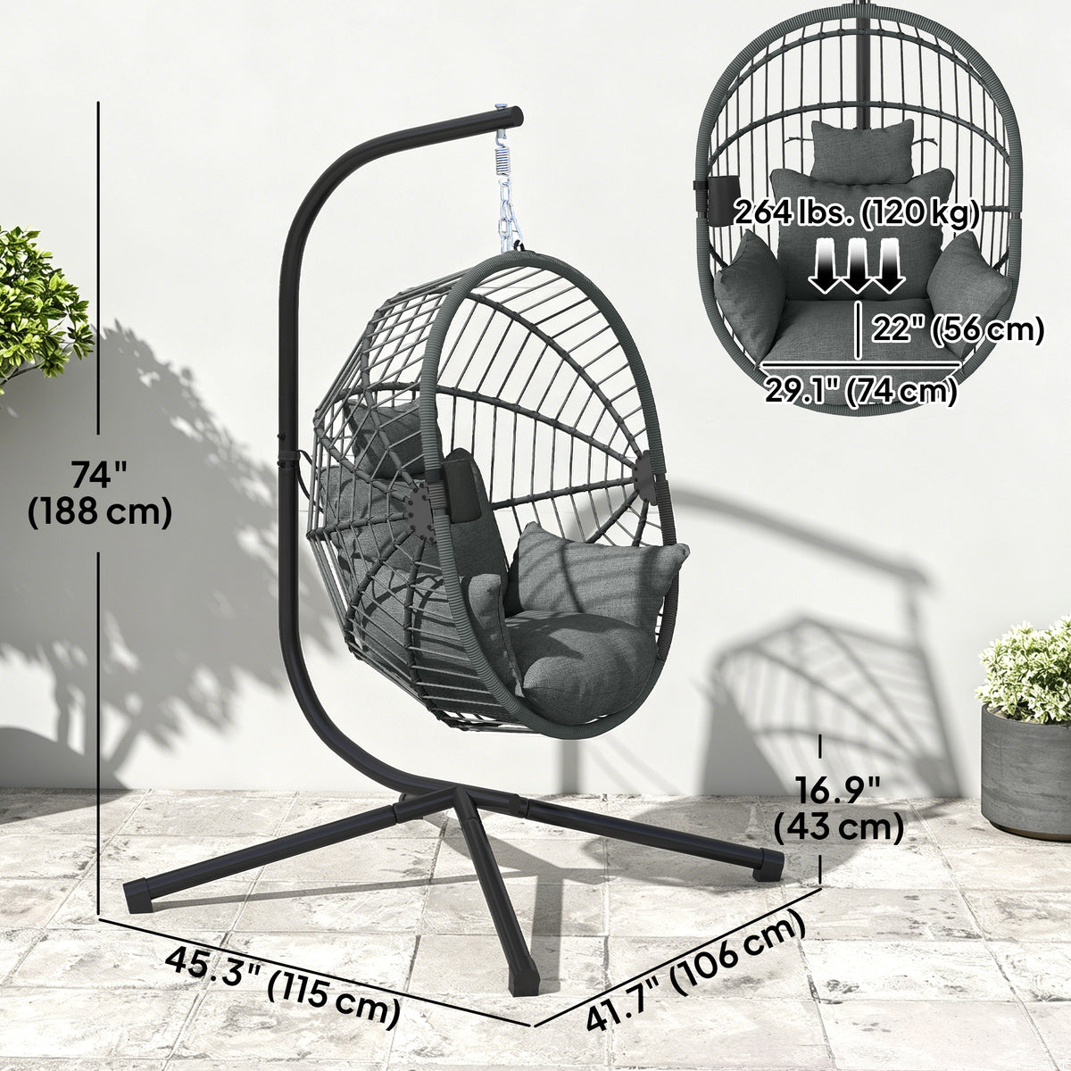 Hanging Egg Chair with Stand - Grey Padded Seat-Hammock Swings-DECOROLALA