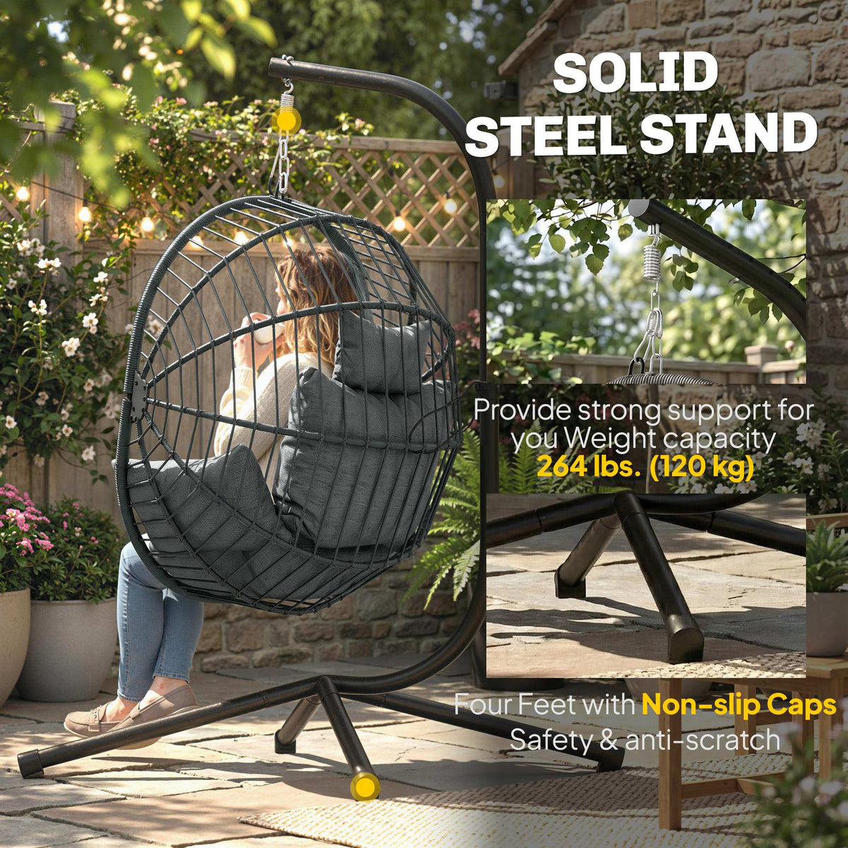 Hanging Egg Chair with Stand - Grey Padded Seat-Hammock Swings-DECOROLALA