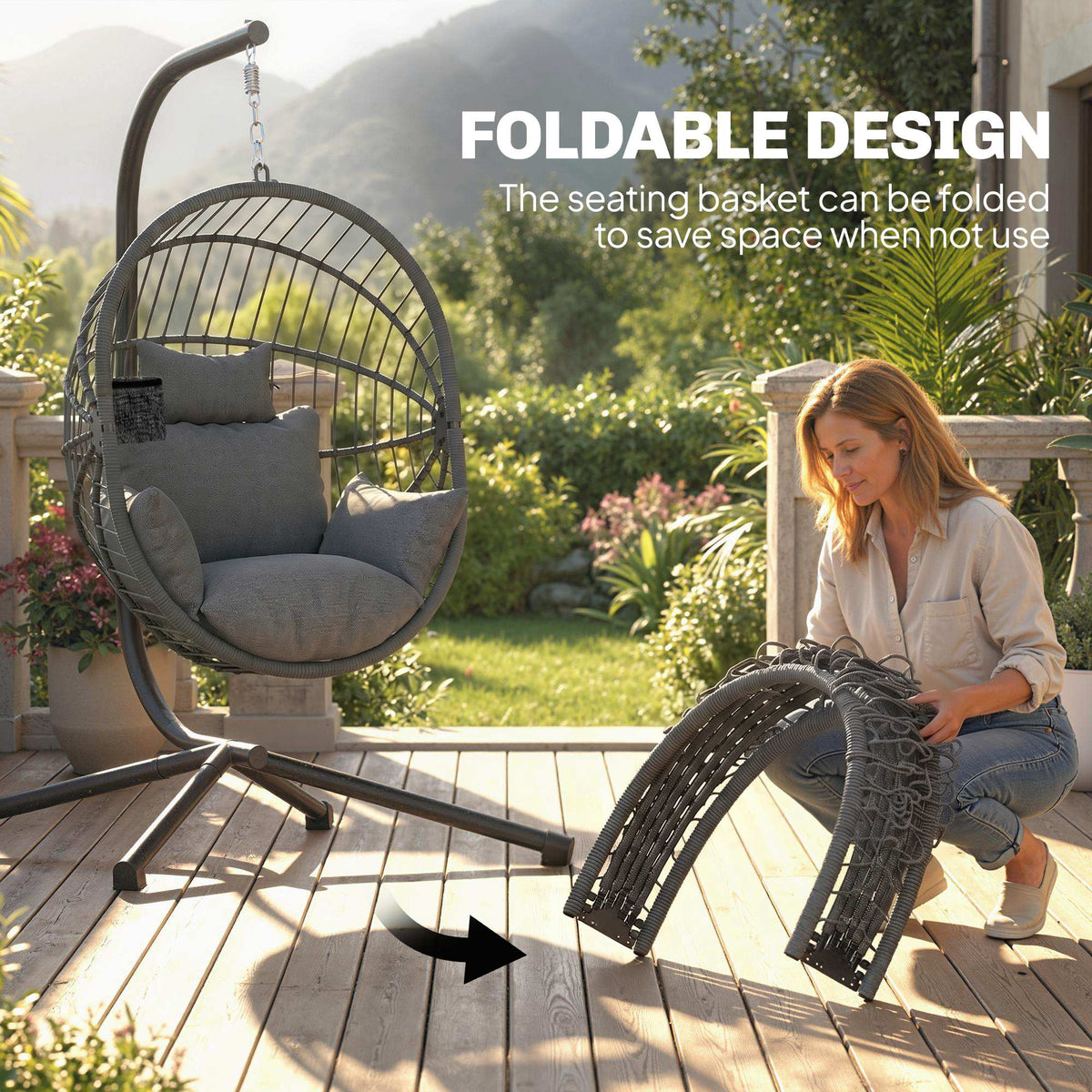 Hanging Egg Chair with Stand - Grey Padded Seat-Hammock Swings-DECOROLALA