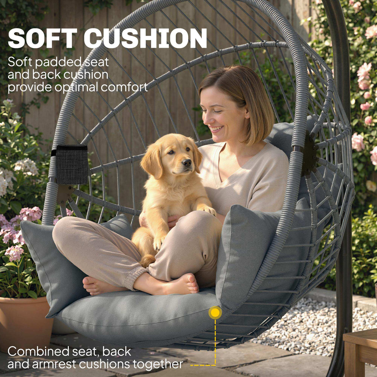 Hanging Egg Chair with Stand - Grey Padded Seat-Hammock Swings-DECOROLALA