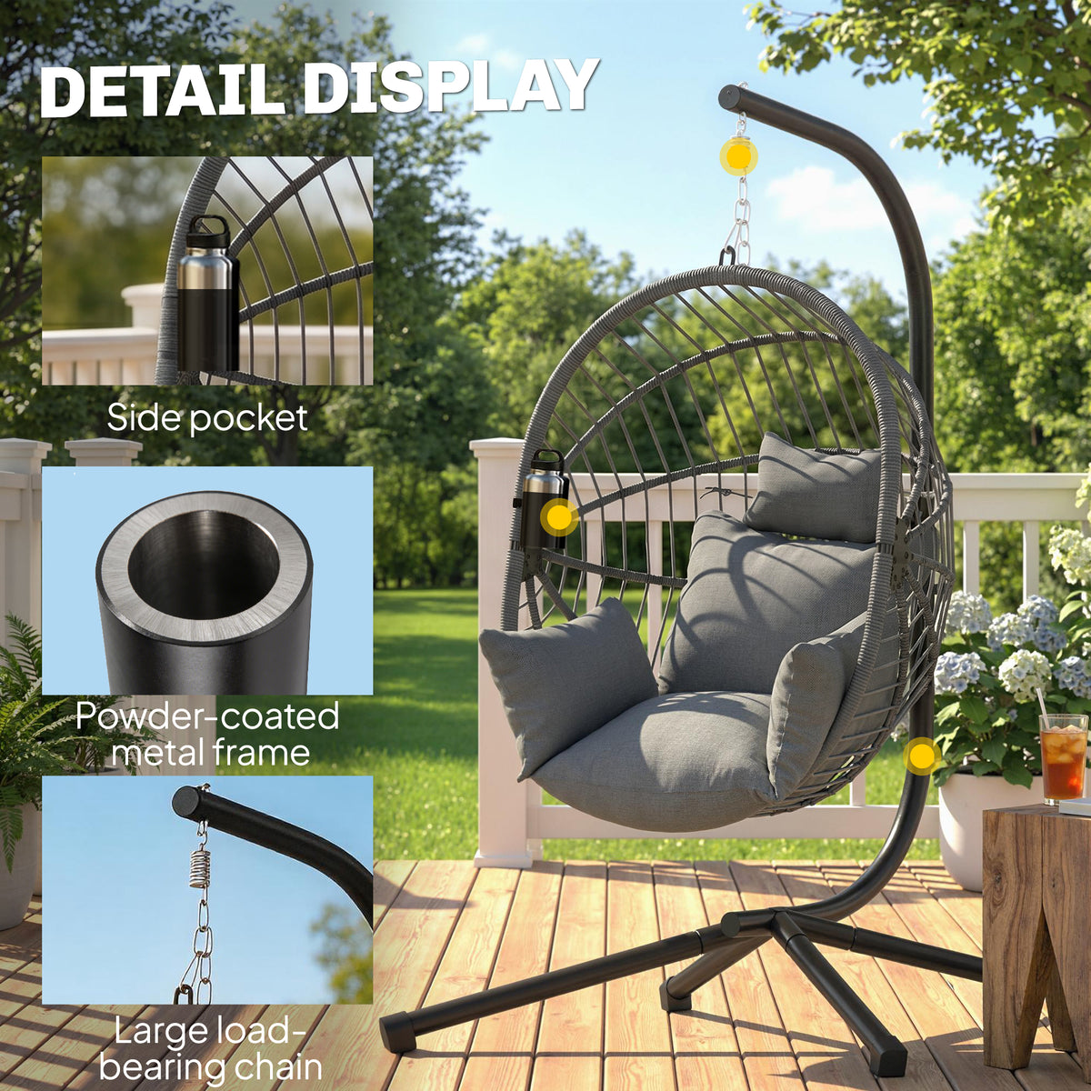 Hanging Egg Chair with Stand - Grey Padded Seat-Hammock Swings-DECOROLALA