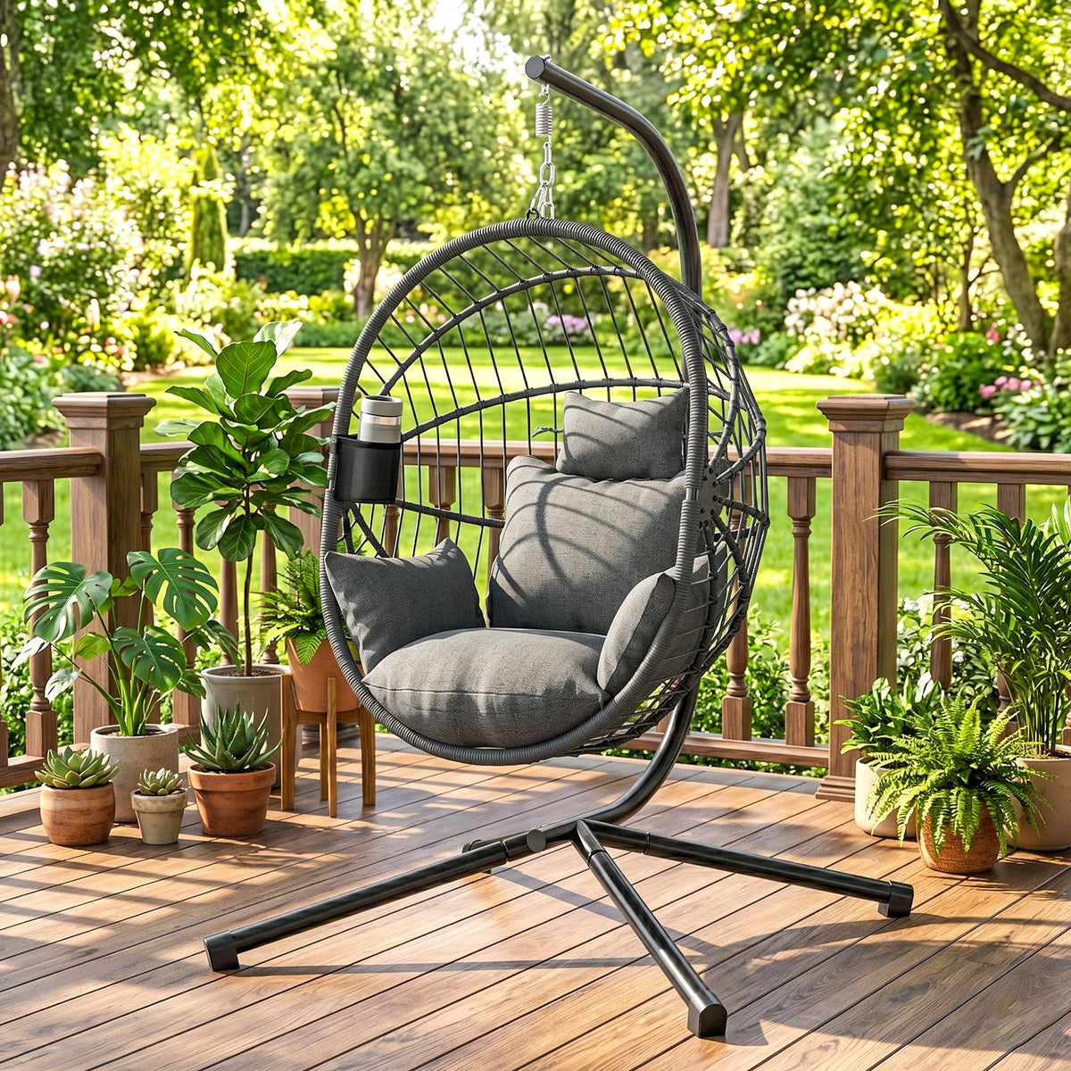 Hanging Egg Chair with Stand - Grey Padded Seat-Hammock Swings-DECOROLALA