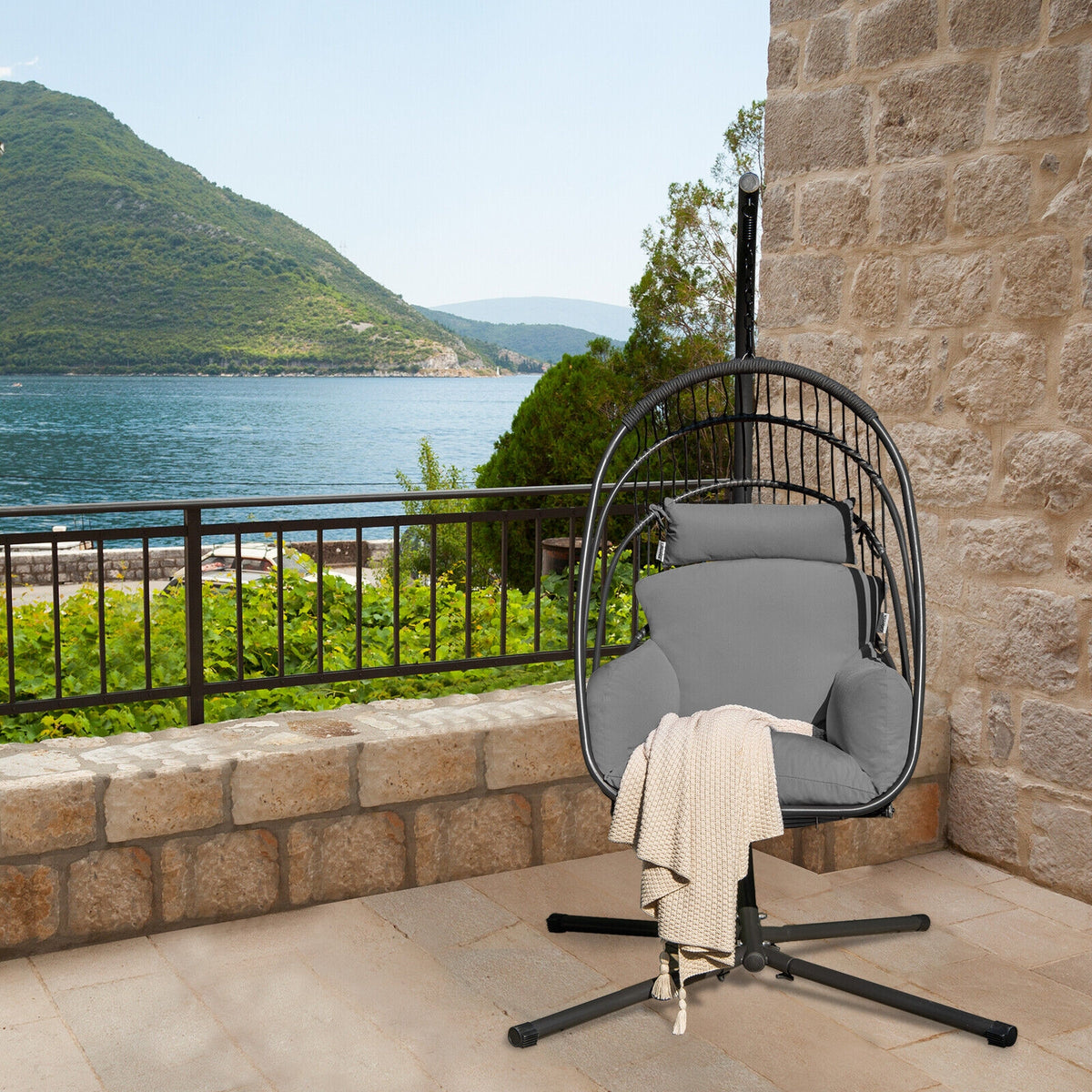 Hanging Folding Egg Chair with Stand Soft Cushion Pillow Swing Hammock-Gray-Hammocks-DECOROLALA