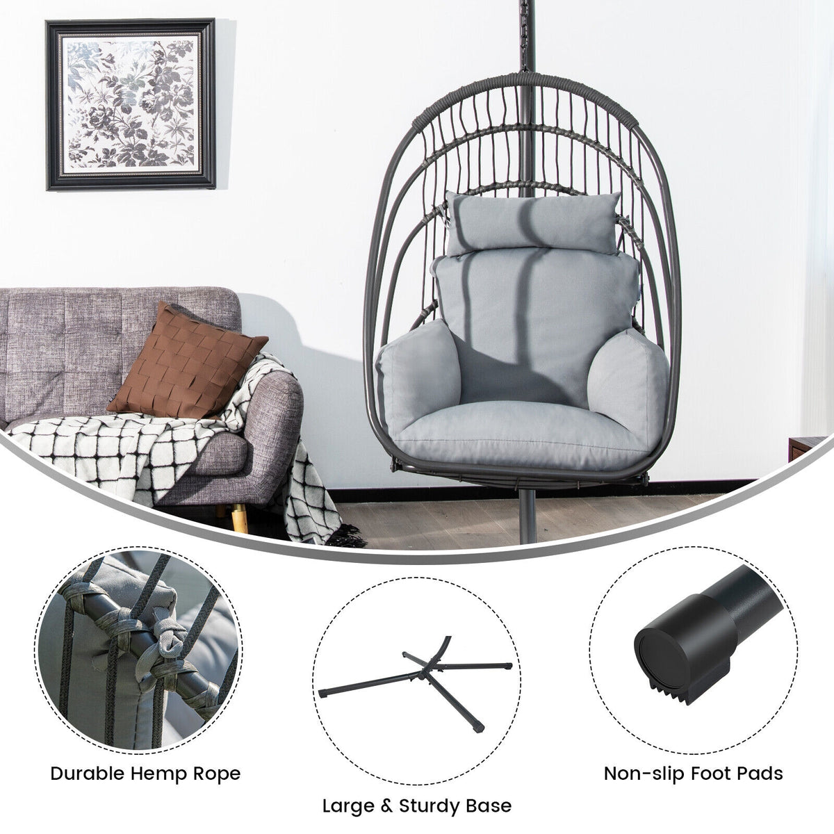 Hanging Folding Egg Chair with Stand Soft Cushion Pillow Swing Hammock-Gray-Hammocks-DECOROLALA