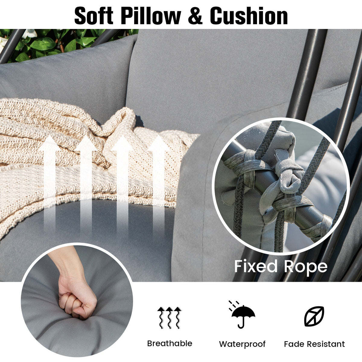 Hanging Folding Egg Chair with Stand Soft Cushion Pillow Swing Hammock-Gray-Hammocks-DECOROLALA
