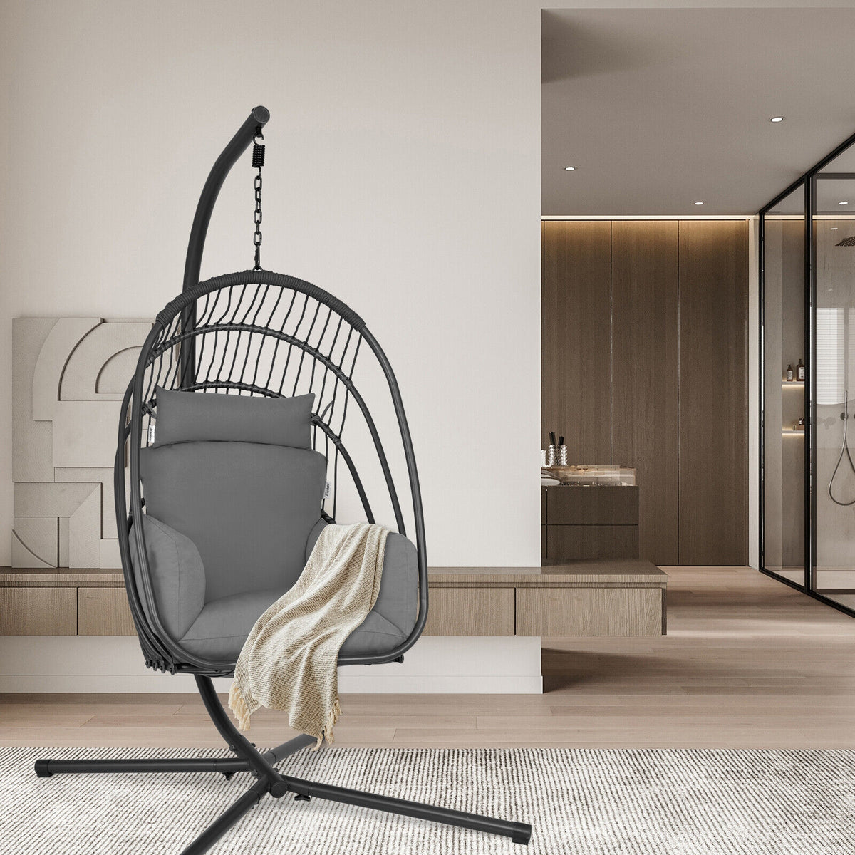 Hanging Folding Egg Chair with Stand Soft Cushion Pillow Swing Hammock-Gray-Hammocks-DECOROLALA