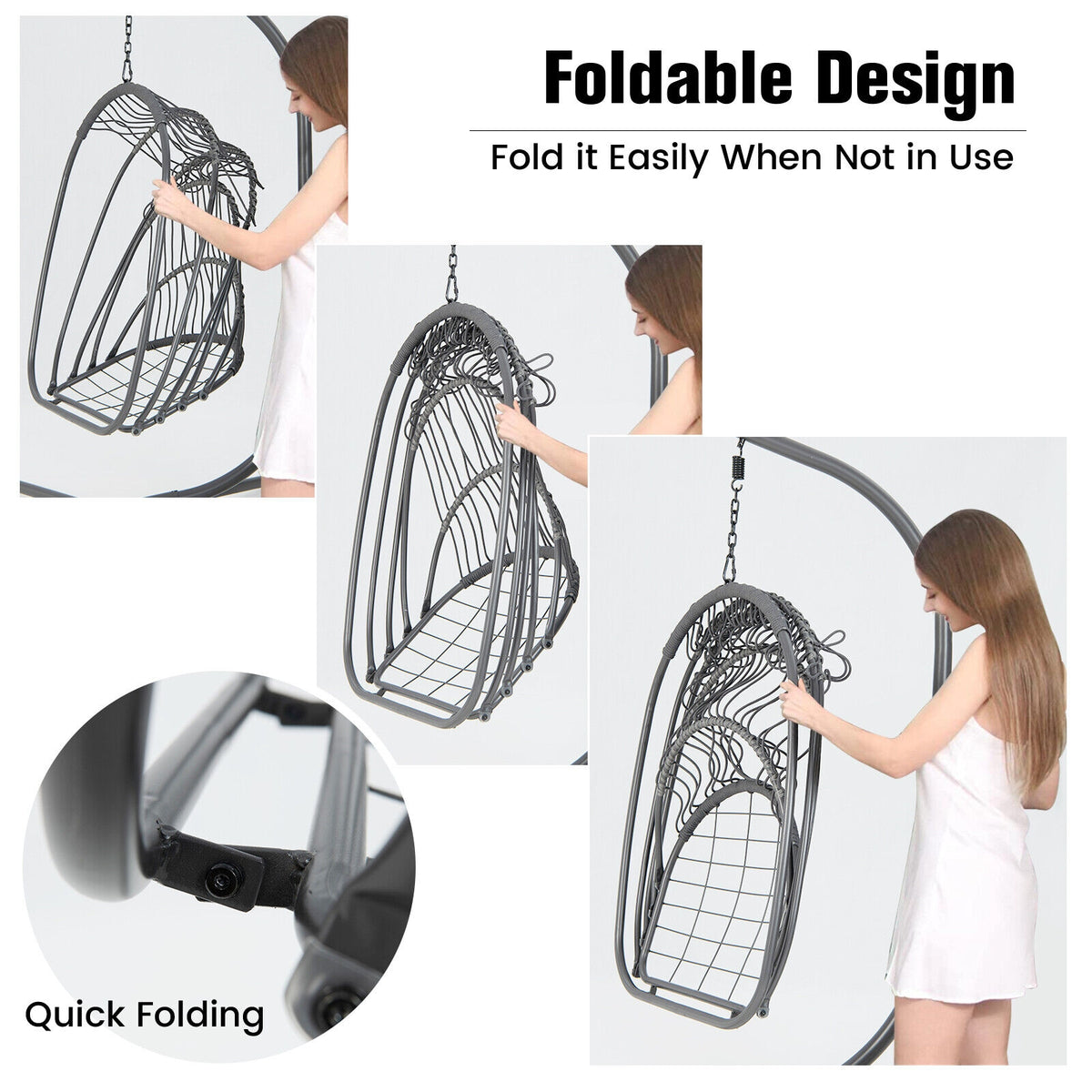 Hanging Folding Egg Chair with Stand Soft Cushion Pillow Swing Hammock-Gray-Hammocks-DECOROLALA