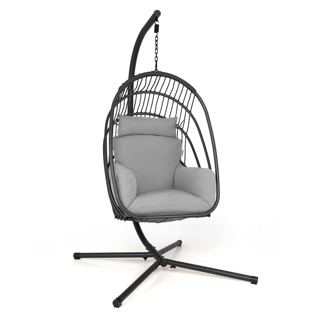 Hanging Folding Egg Chair with Stand Soft Cushion Pillow Swing Hammock-Gray-Hammocks-DECOROLALA