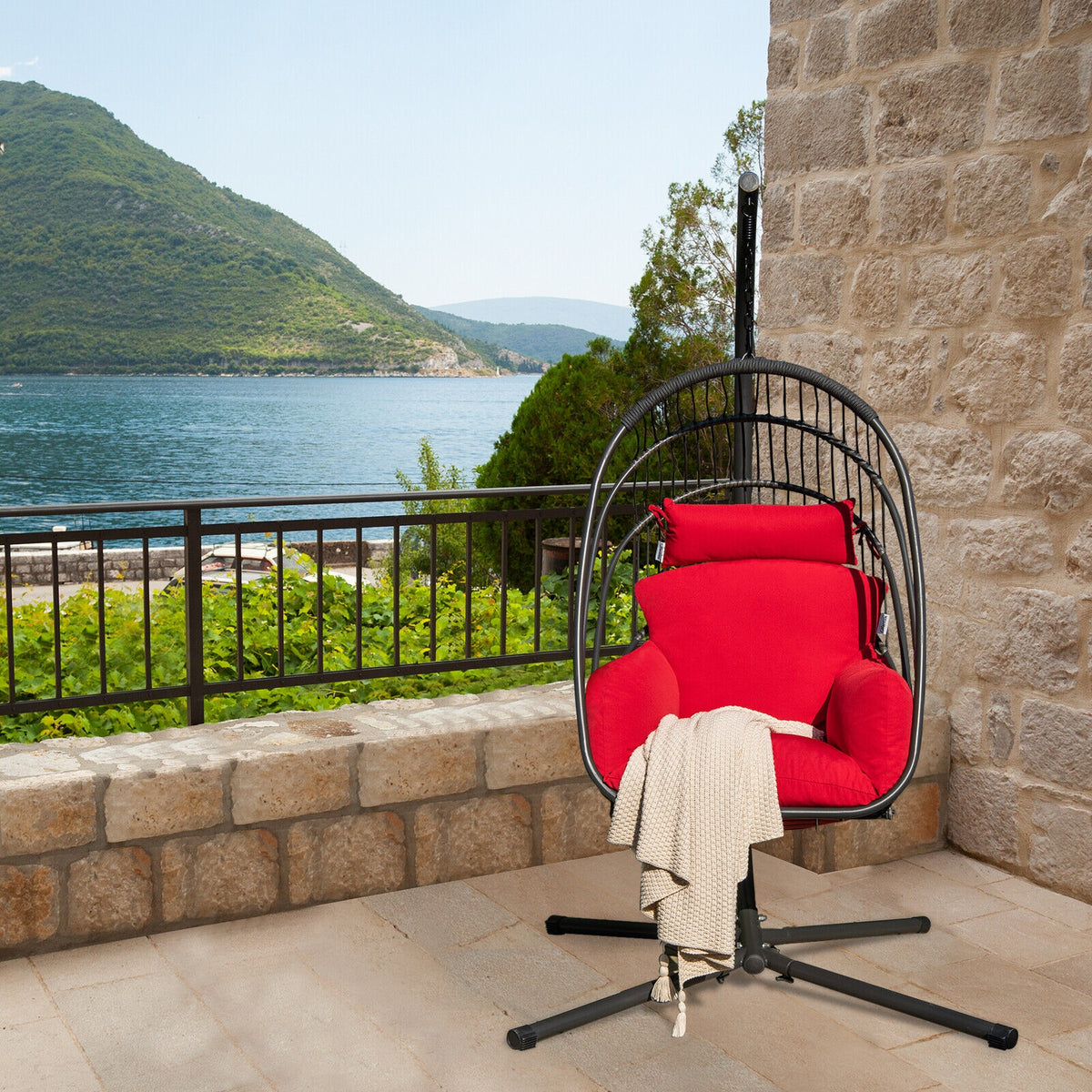 Hanging Folding Egg Chair with Stand Soft Cushion Pillow Swing Hammock-Red-Hammocks-DECOROLALA