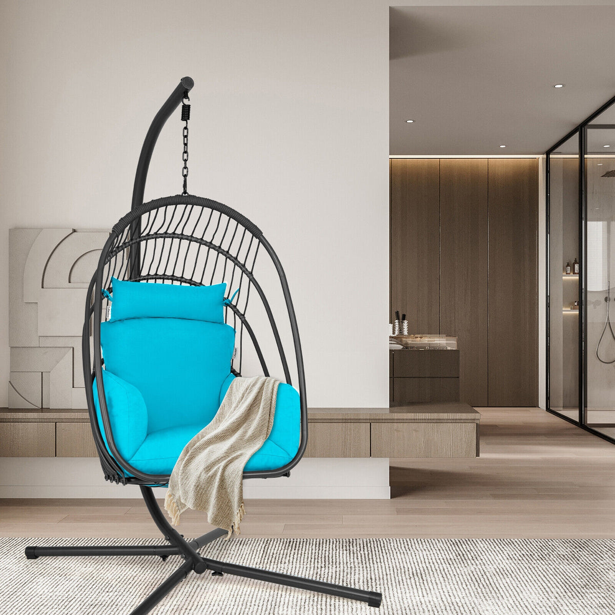 Hanging Folding Egg Chair with Stand Soft Cushion Pillow Swing Hammock-Turquoise-Hammocks-DECOROLALA