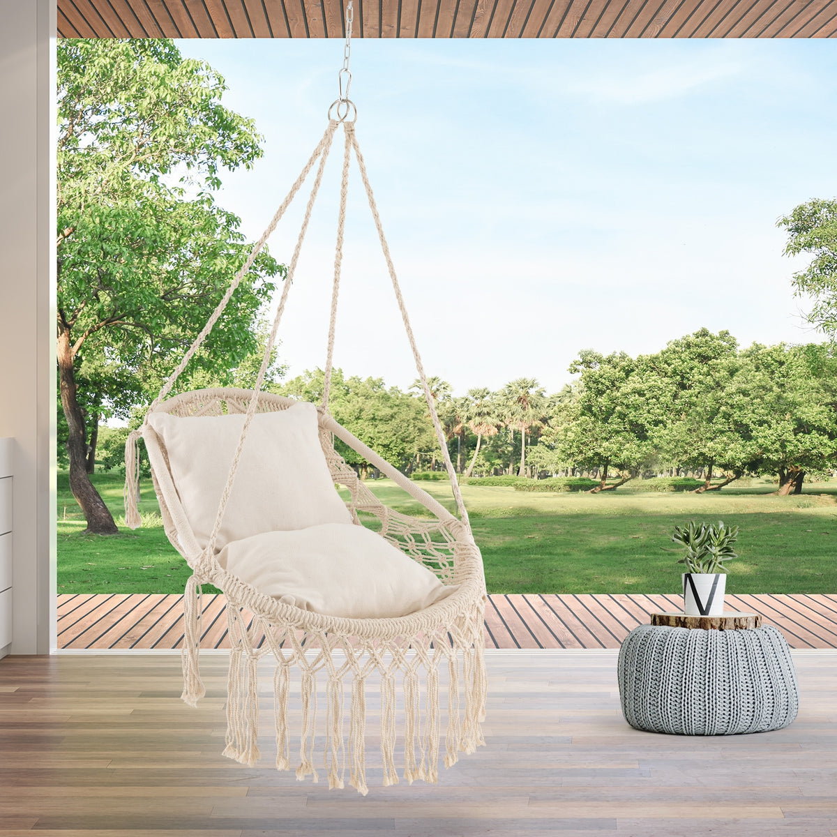 Hanging Hammock Chair with Soft Seat Cushions and Rope Chain-Beige-Hammocks-DECOROLALA