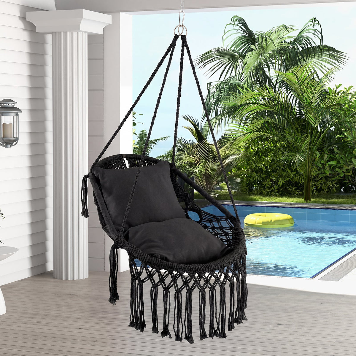 Hanging Hammock Chair with Soft Seat Cushions and Sturdy Rope Chain-Black-Hammocks-DECOROLALA